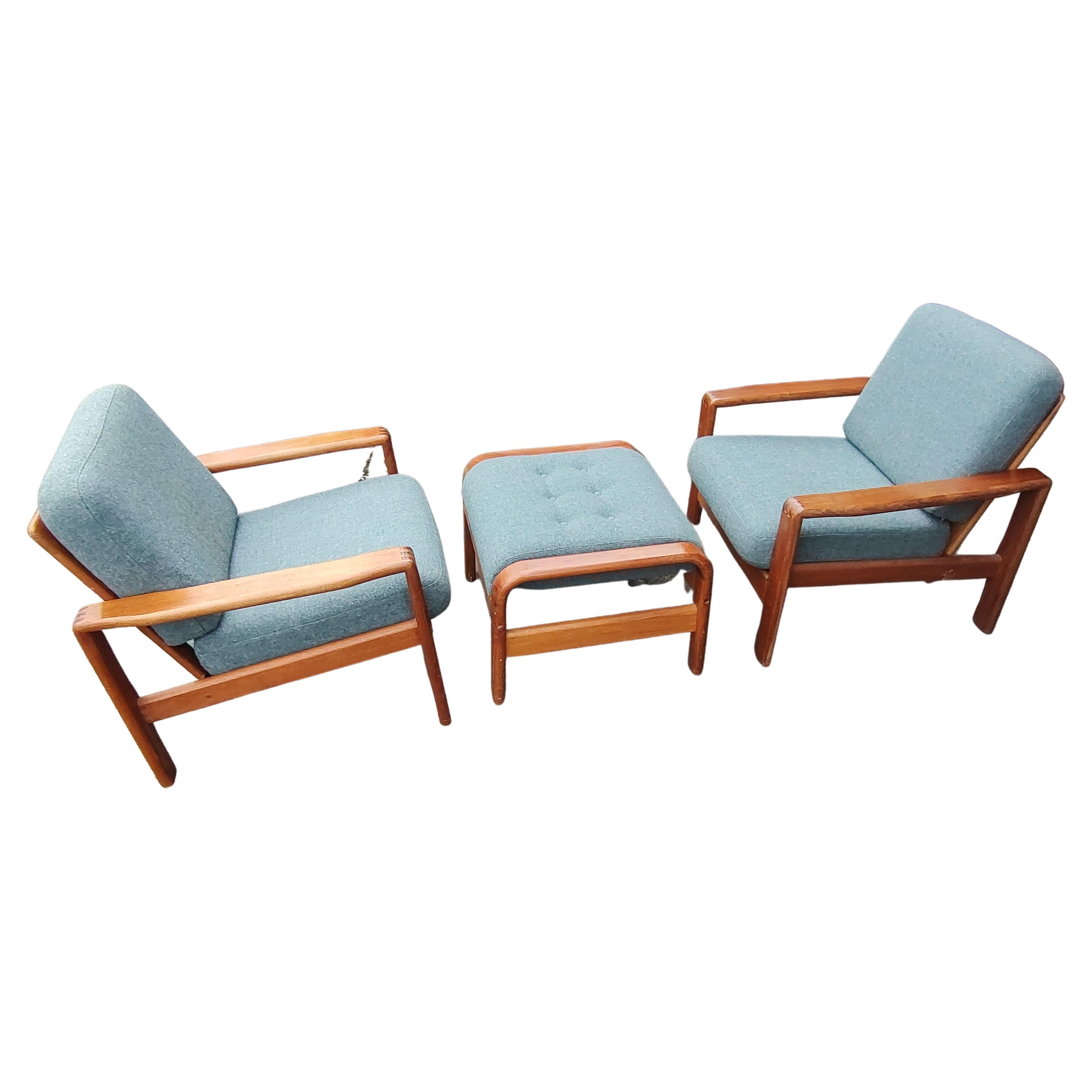 Mid Century Modern Danish Teak 3pc set Pair of Armchairs with Matching Ottoman  For Sale 2