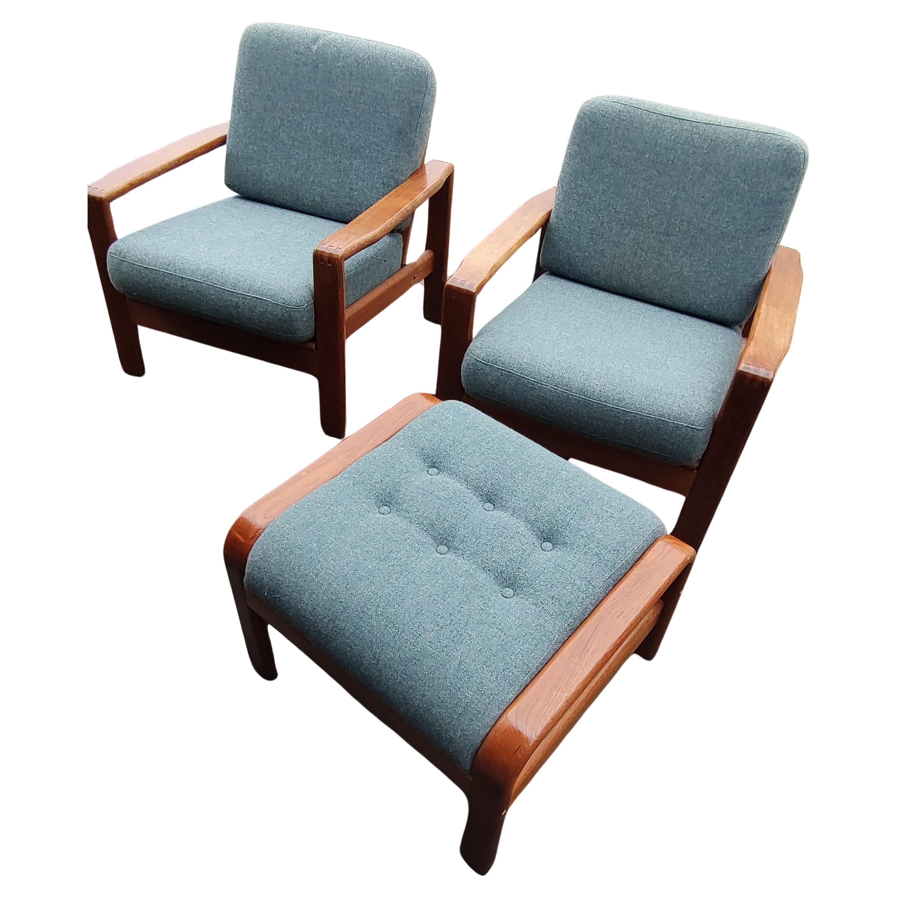 Mid Century Modern Danish Teak 3pc set Pair of Armchairs with Matching Ottoman  For Sale