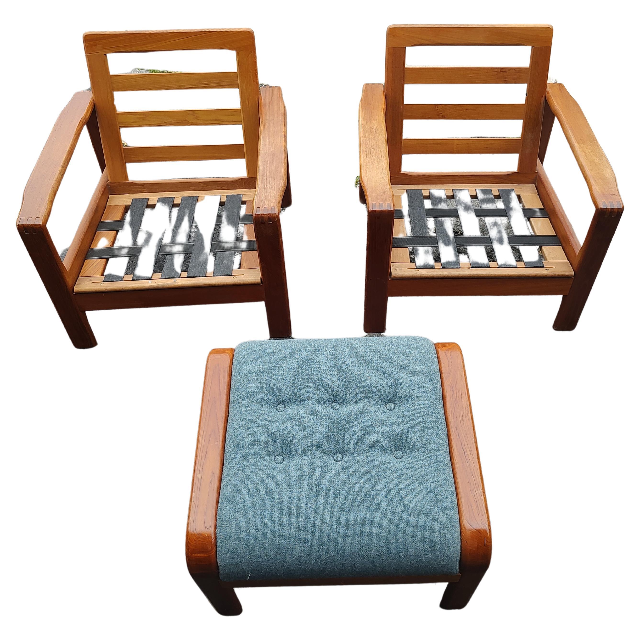 Late 20th Century Mid Century Modern Danish Teak 3pc set Pair of Armchairs with Matching Ottoman  For Sale
