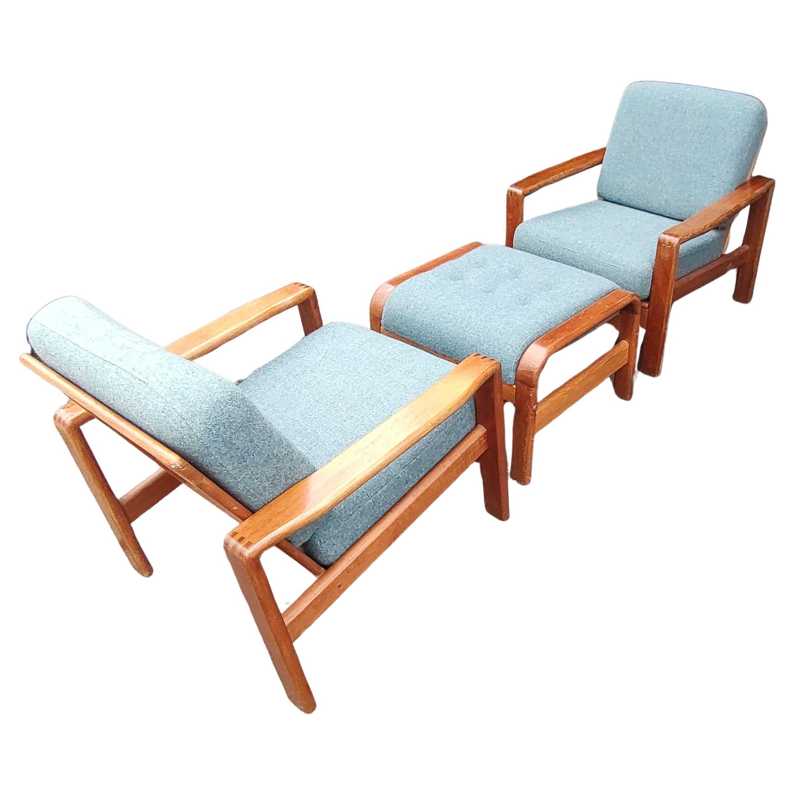 Hand-Crafted Mid Century Modern Danish Teak 3pc set Pair of Armchairs with Matching Ottoman  For Sale