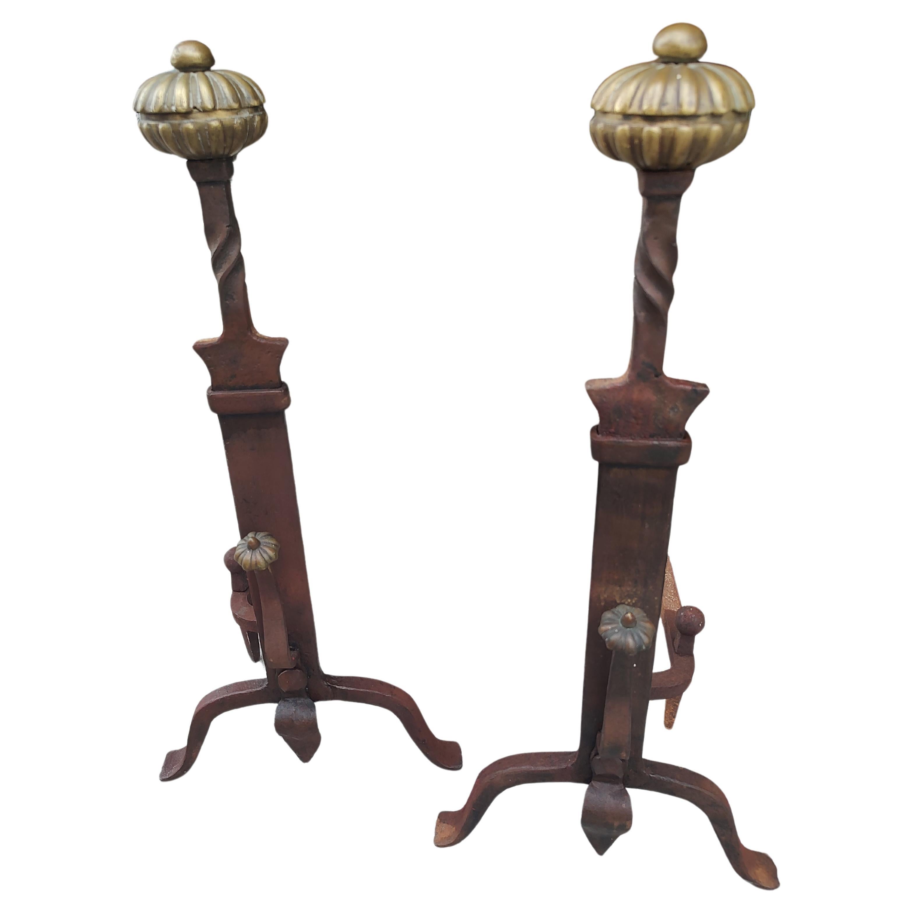 Mid 19th Century Hand Forged Iron & Brass Tall Andirons In Good Condition For Sale In Port Jervis, NY