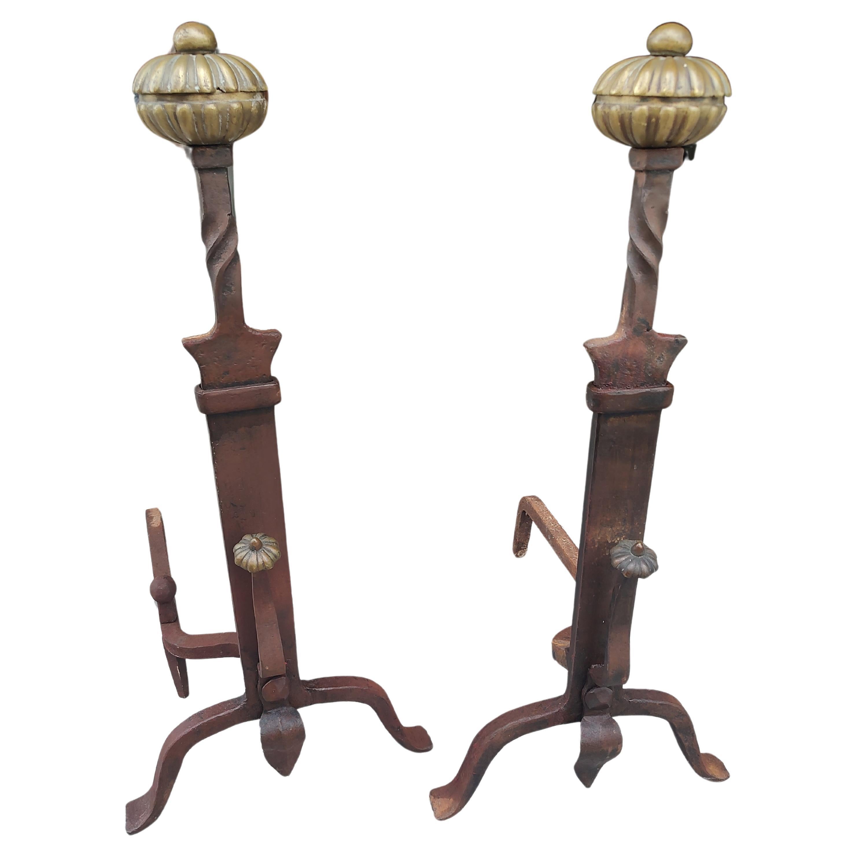 Mid 19th Century Hand Forged Iron & Brass Tall Andirons For Sale