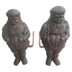 Vintage Mid Century Cast Iron Figural Andirons Santa Claus by Virginia Metal Crafters