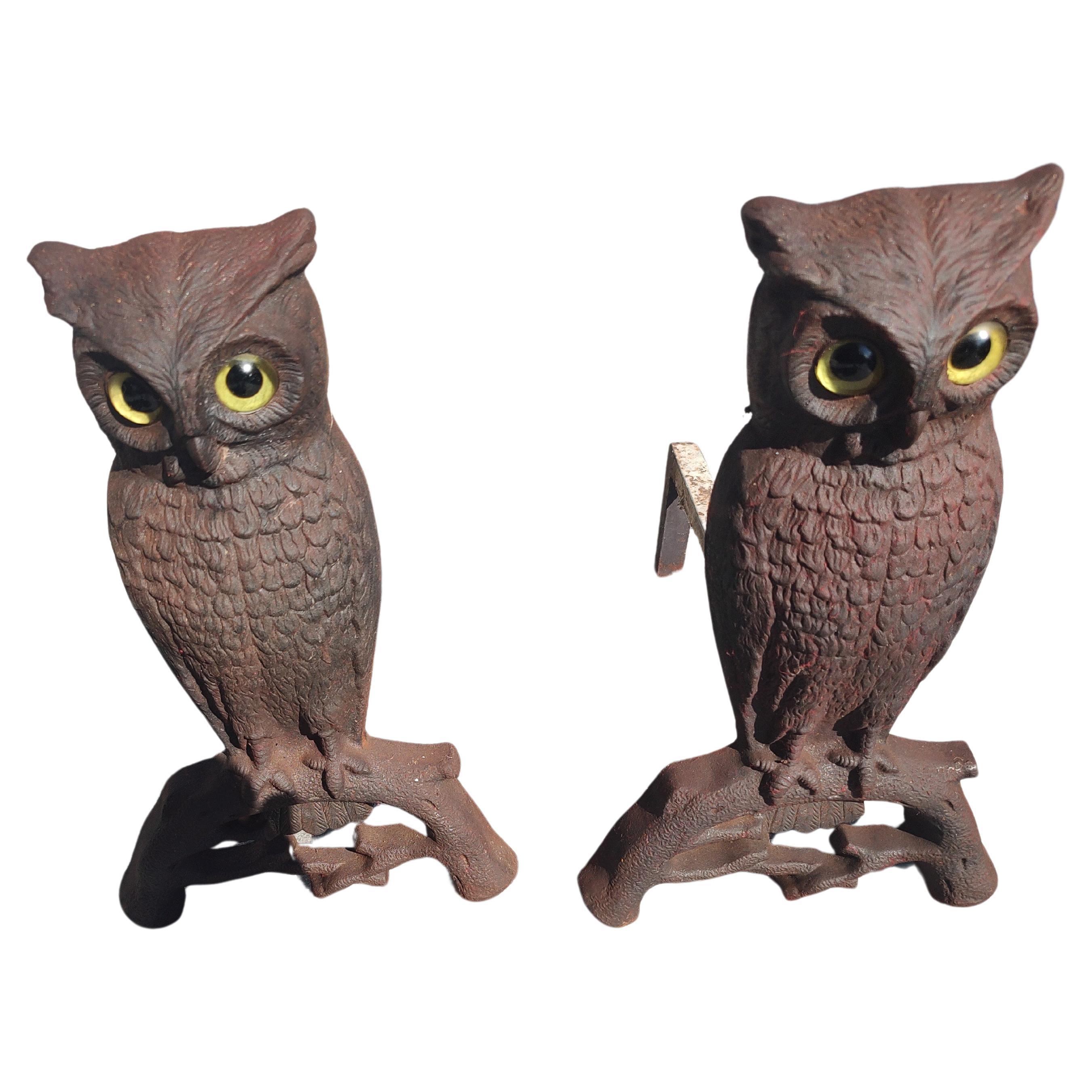 Arts & Crafts Figural Owl Andirons C1920 by Howe Boston