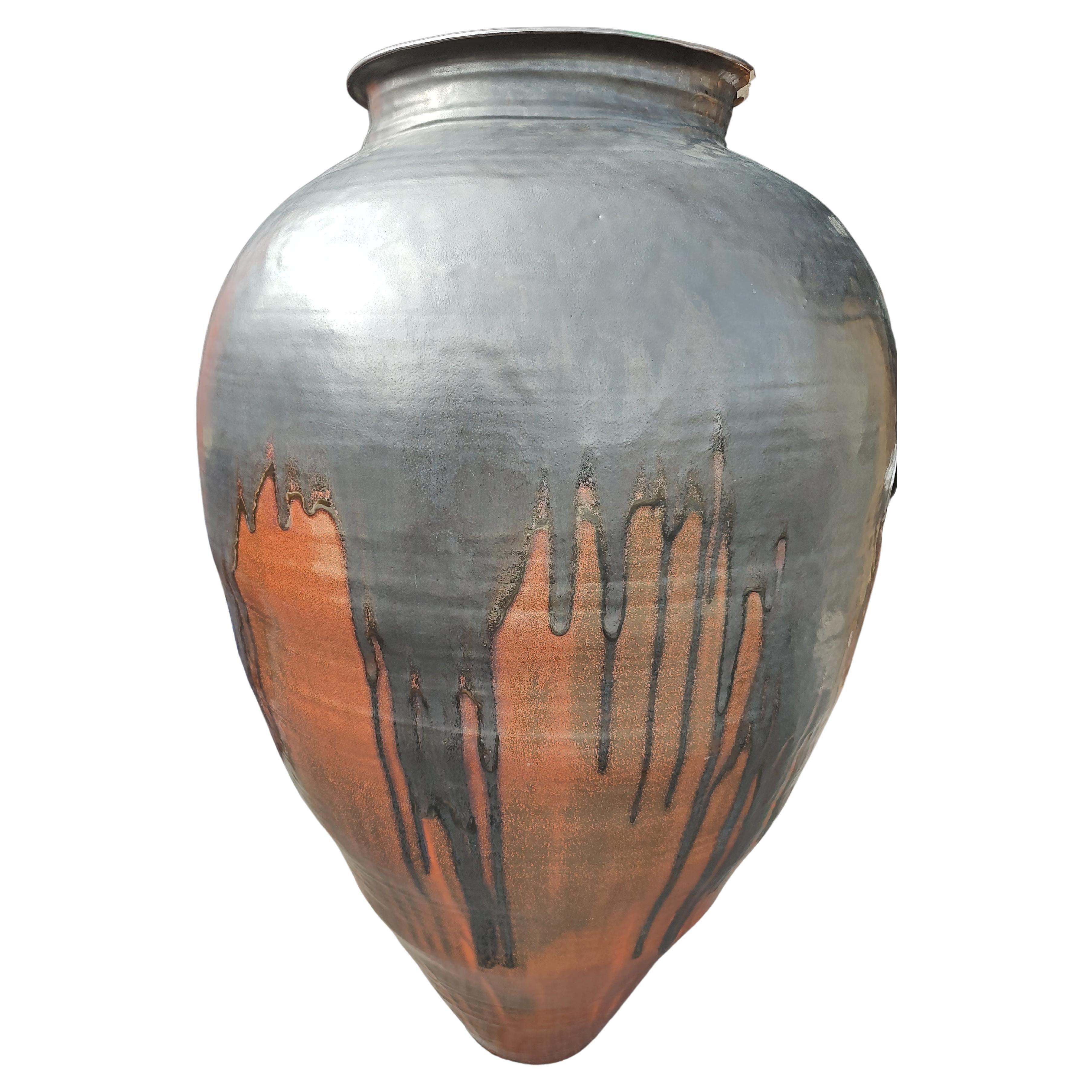 Late 20th Century Massive Mid Century Modern Sculptural Hand Thrown Drip Glaze Vase - Urn For Sale