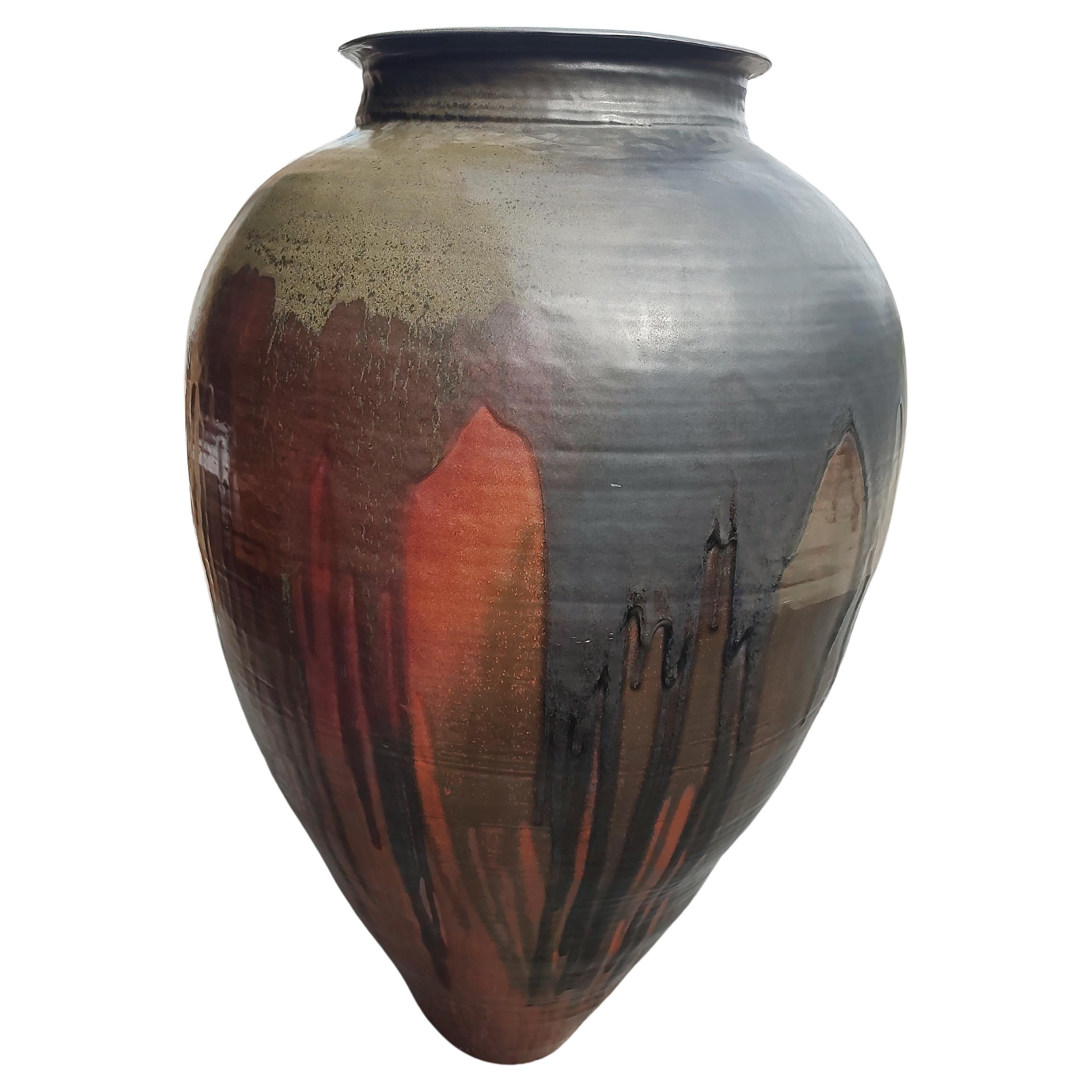 Massive Mid Century Modern Sculptural Hand Thrown Drip Glaze Vase - Urn For Sale 1
