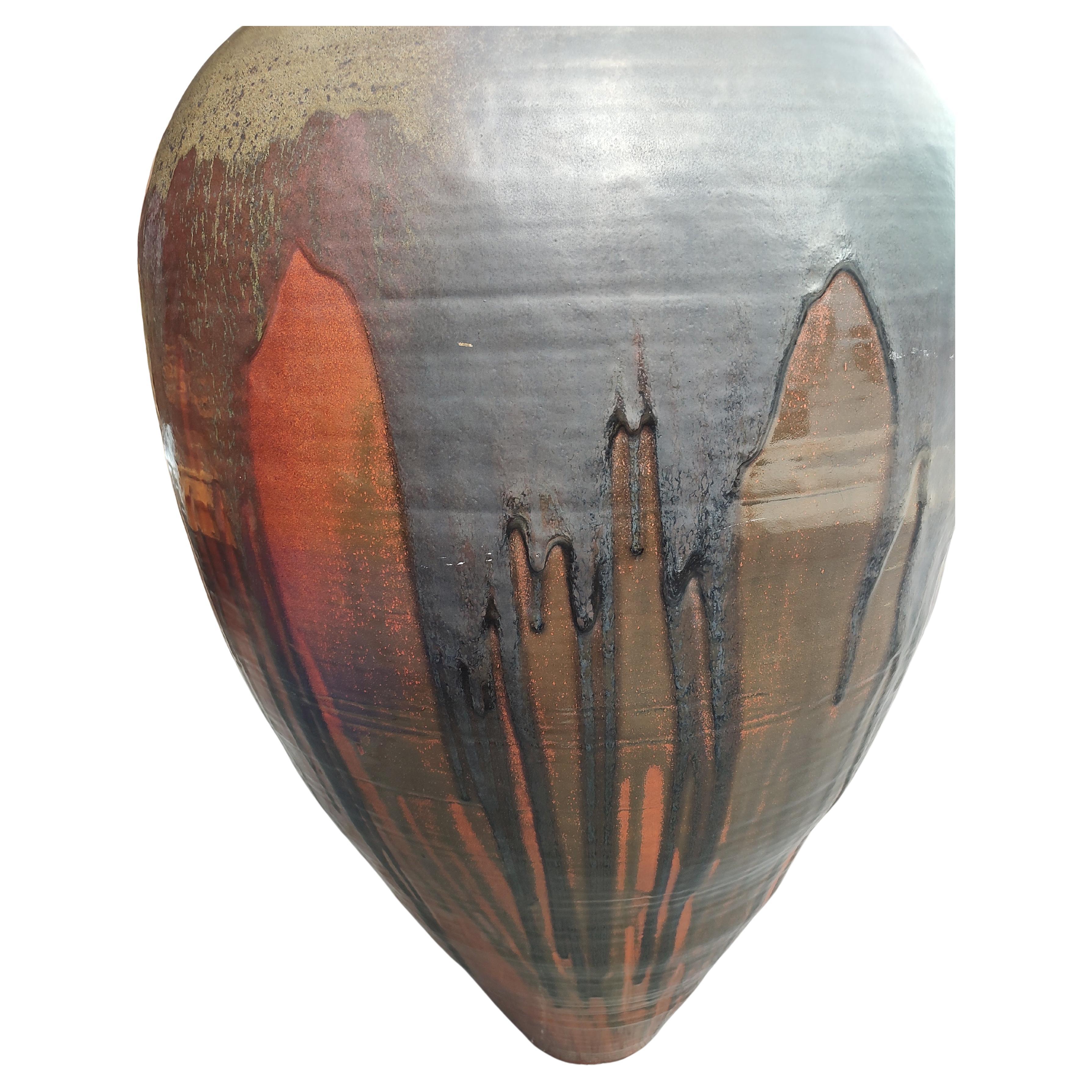 Glazed Massive Mid Century Modern Sculptural Hand Thrown Drip Glaze Vase - Urn For Sale