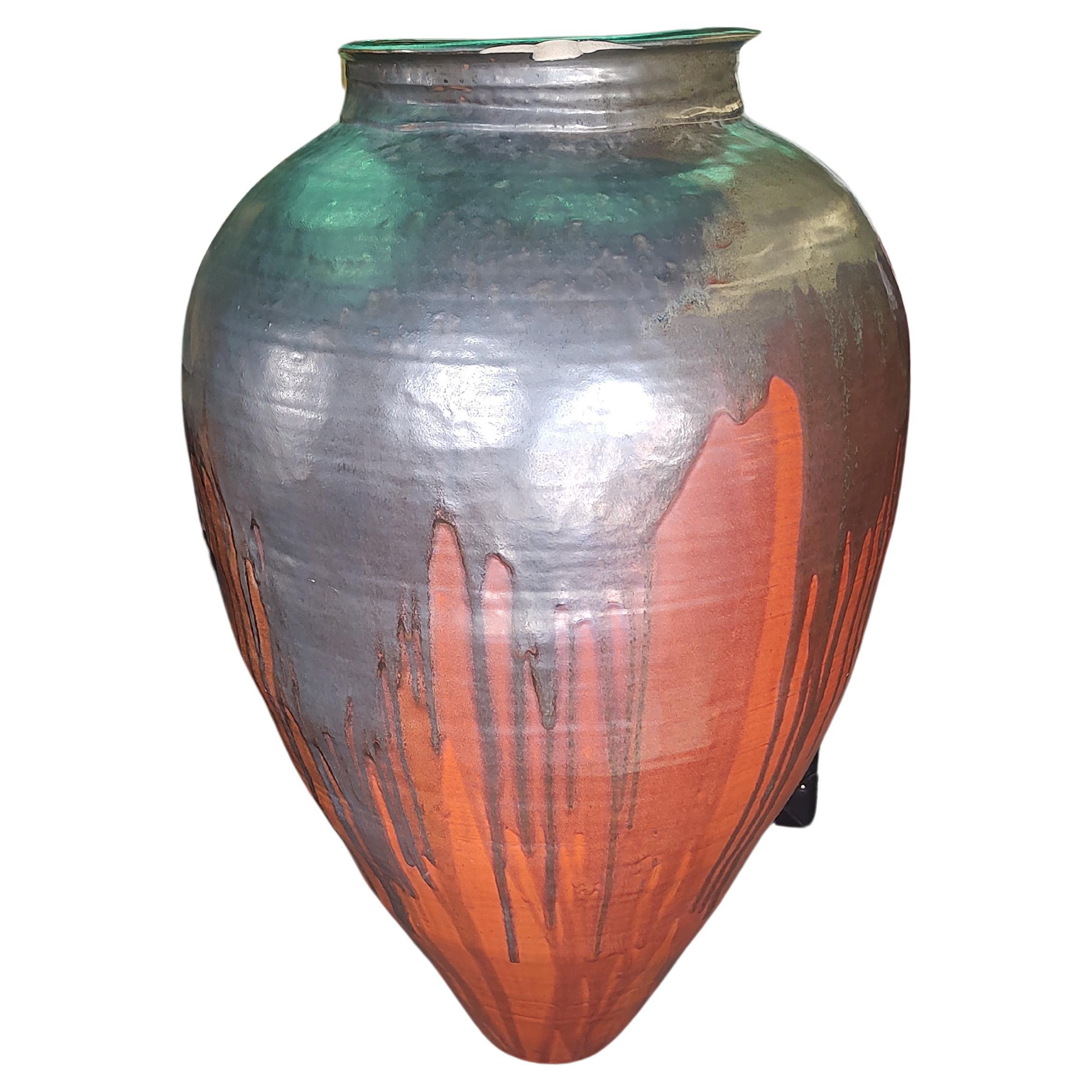 Massive Mid Century Modern Sculptural Hand Thrown Drip Glaze Vase - Urn For Sale