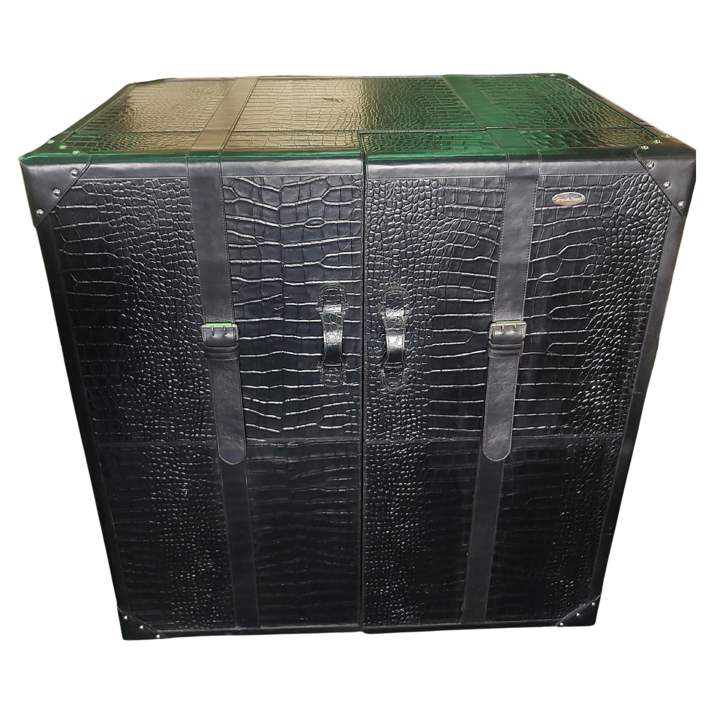 Steel Bar Cabinet in Faux Crocodile Leather by Serge De Troyer For Sale