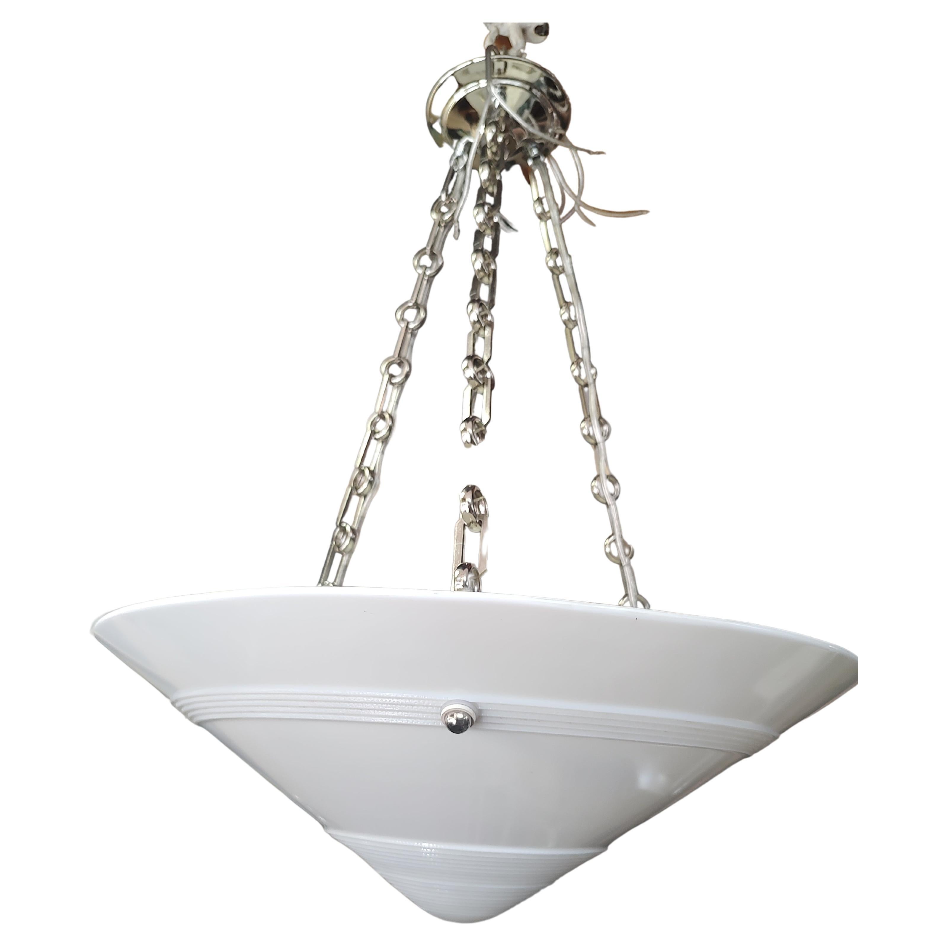 Plated Art Deco Machine Age Milk Glass with Nickel Pendant Lamps 3 Available  For Sale