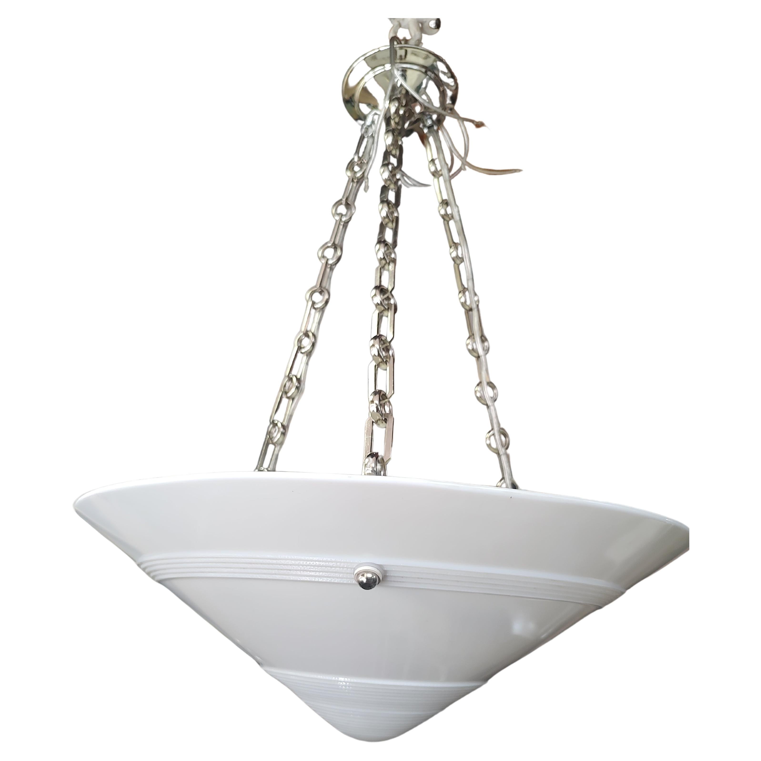 Art Deco Machine Age Milk Glass with Nickel Pendant Lamps 3 Available  For Sale