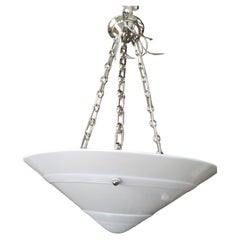 Vintage Art Deco Machine Age Milk Glass with Nickel Pendant Lamps 3 Available