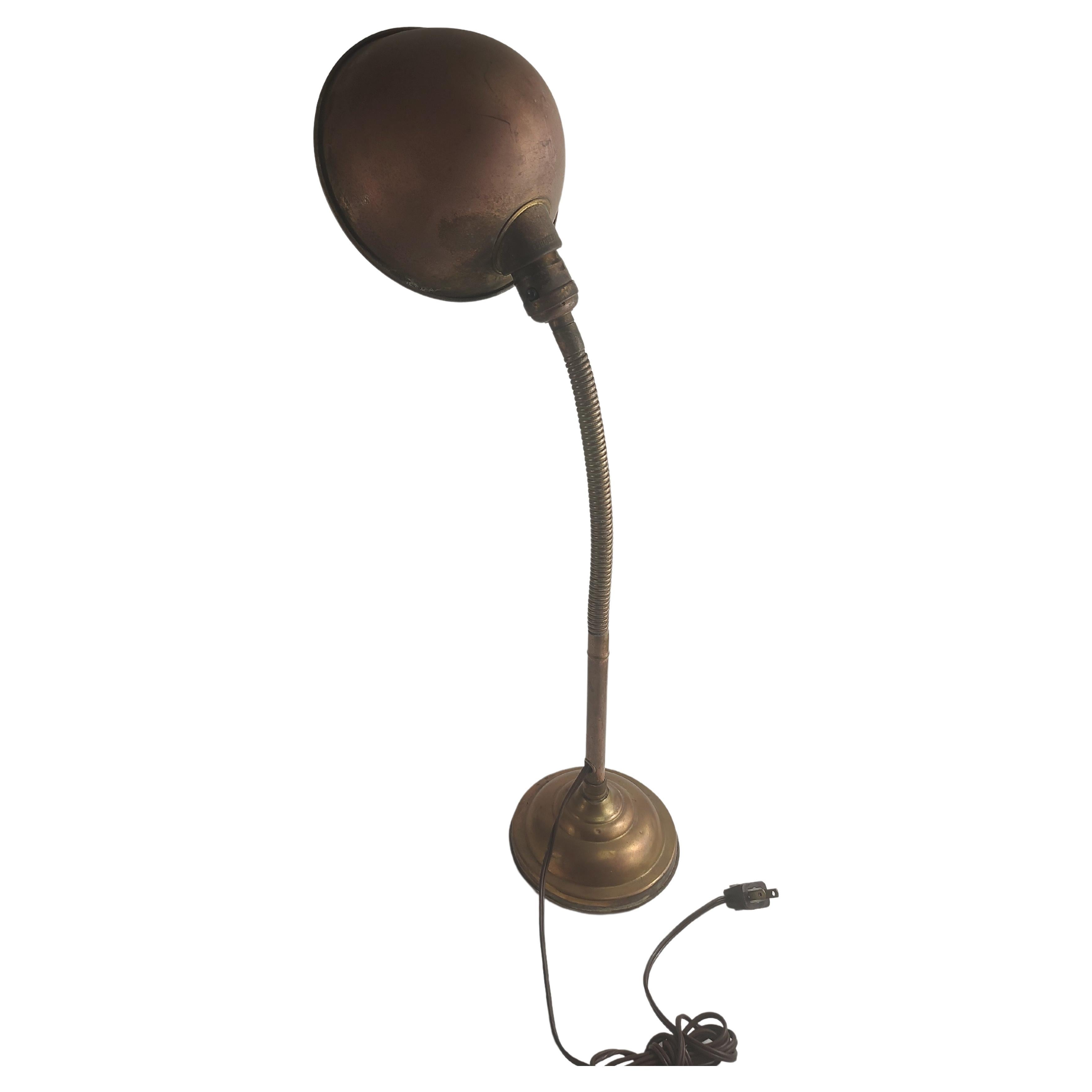 Industrial C1930 Brass Gooseneck Desk Task Lamp For Sale