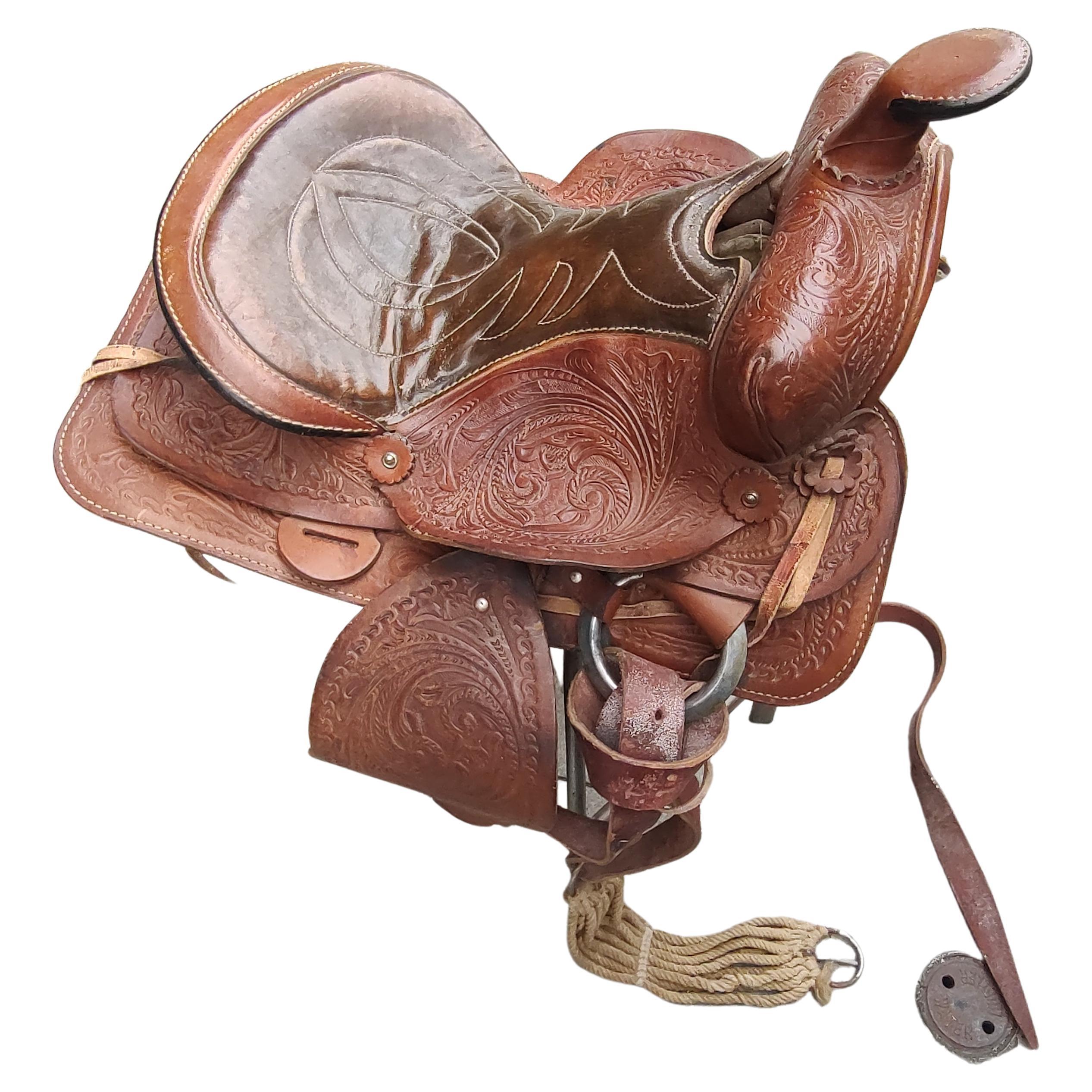 Mid Century Heavily Tooled Western Leather Saddle For Sale