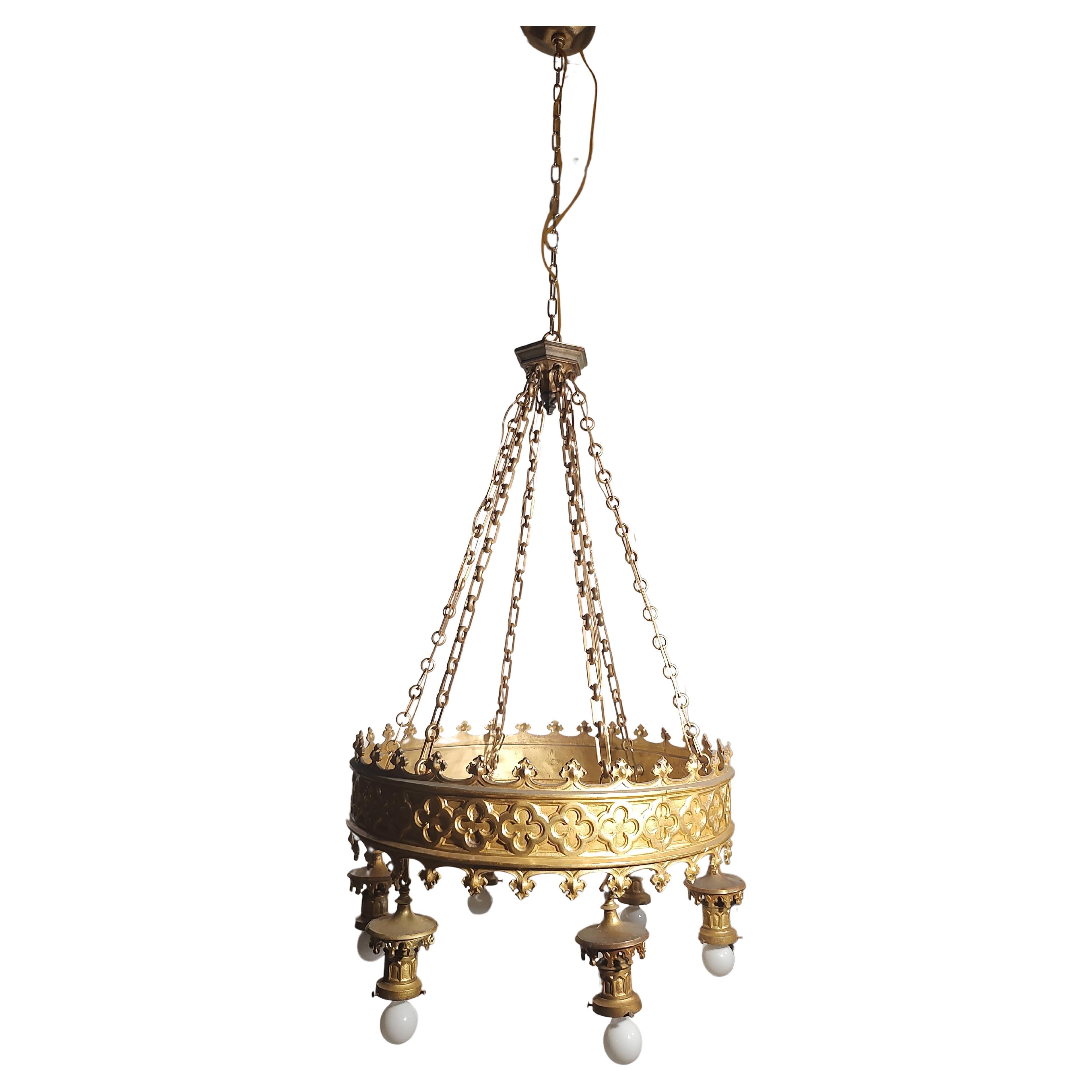 Hand-Crafted Arts & Crafts Art Deco Gilt Brass 6 Light Large Chandelier from a NJ Theatre  For Sale