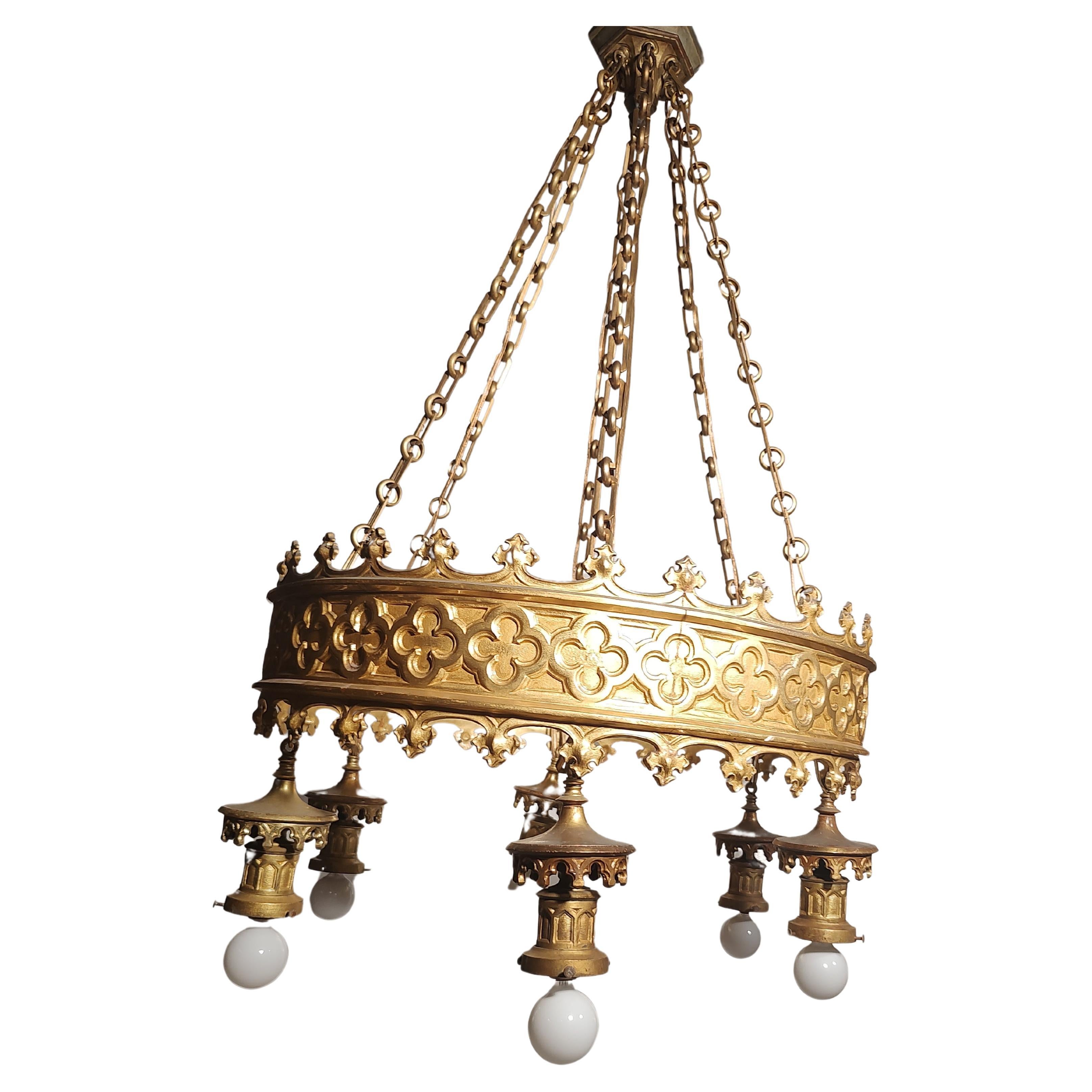 Arts & Crafts Art Deco Gilt Brass 6 Light Large Chandelier from a NJ Theatre  For Sale