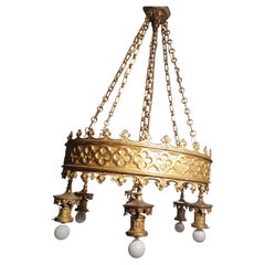 Arts & Crafts Art Deco Gilt Brass 6 Light Large Chandelier from a NJ Theatre