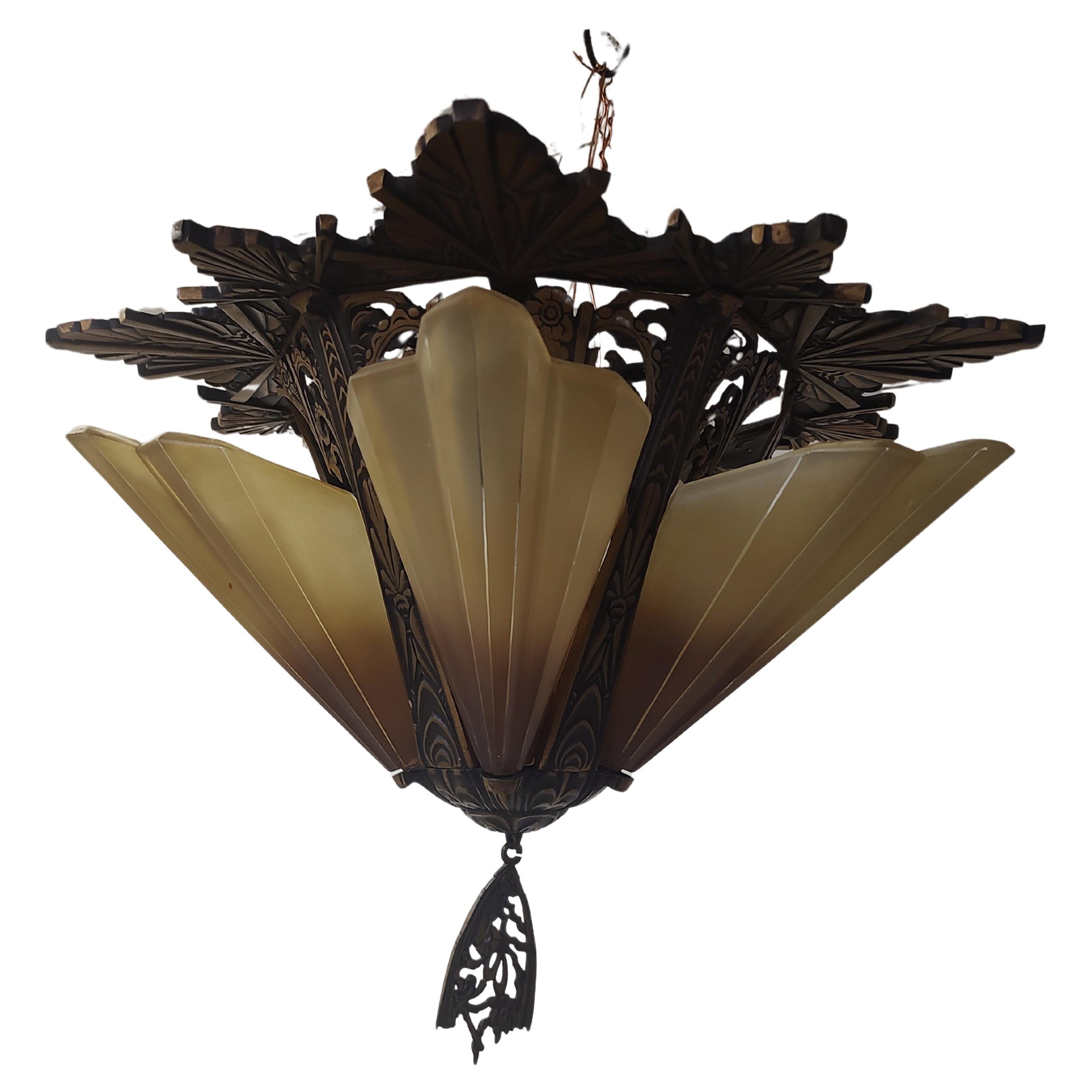 Art Deco Bronzed Iron 5 Light Slip Shade Flush Mount Chandelier For Sale