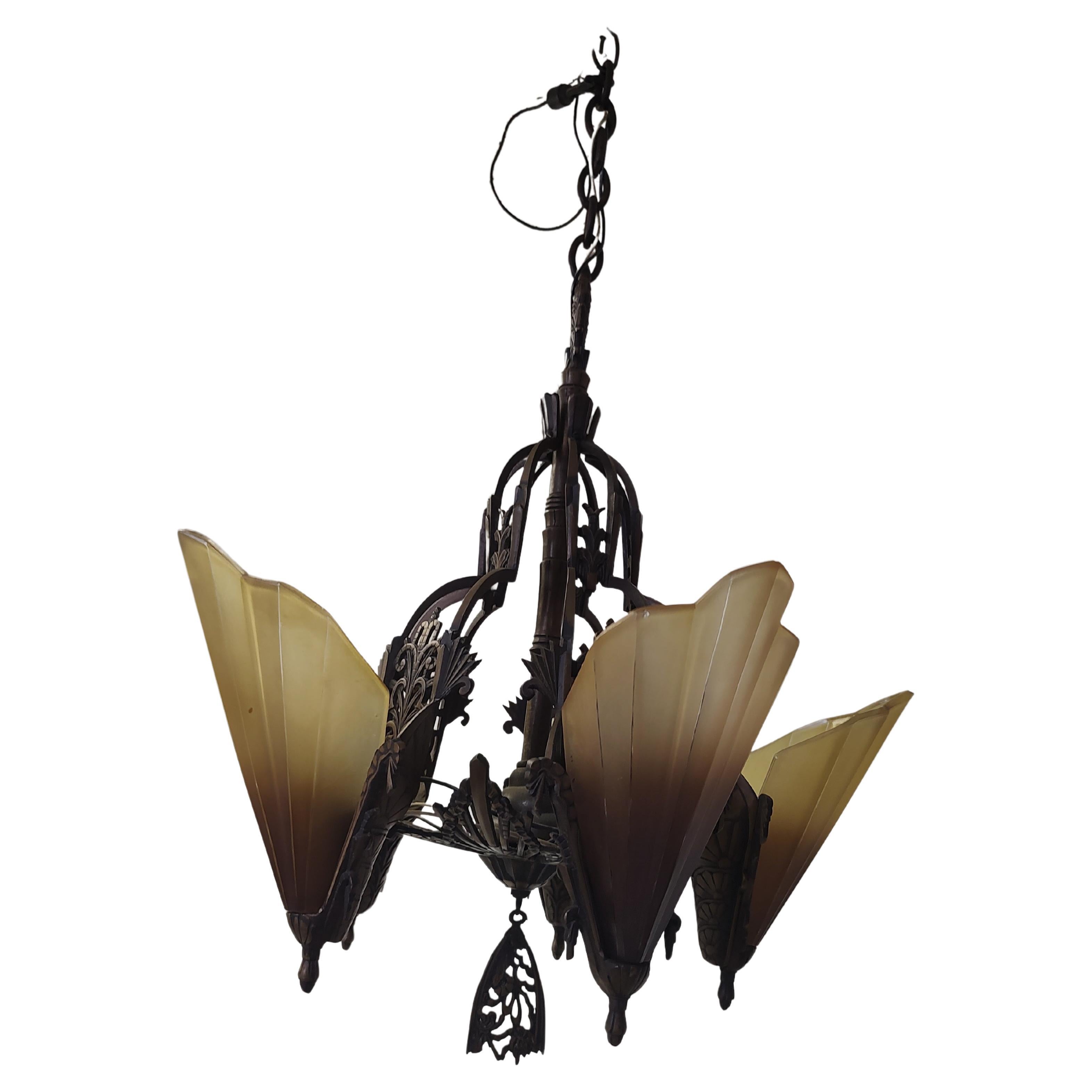 Art Glass Art Deco Bronzed Iron 5 Light Slip Shade Hanging Chandelier For Sale