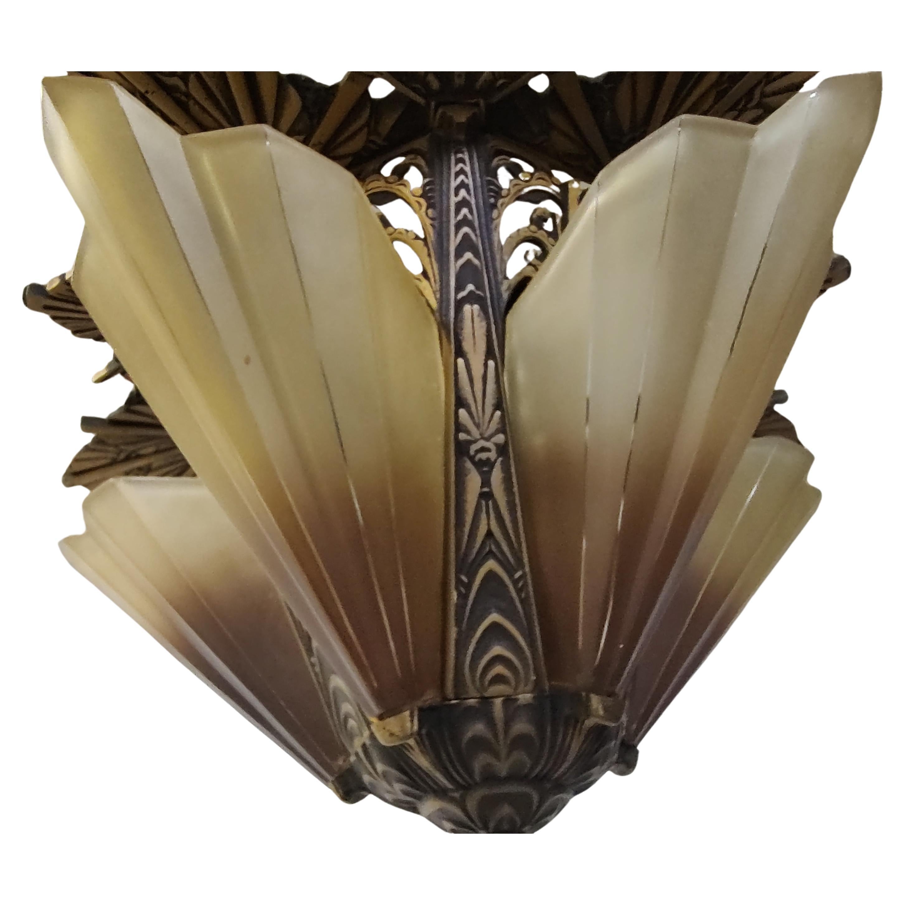 Mid-20th Century Art Deco Bronzed Iron 5 Light Slip Shade Hanging Chandelier For Sale