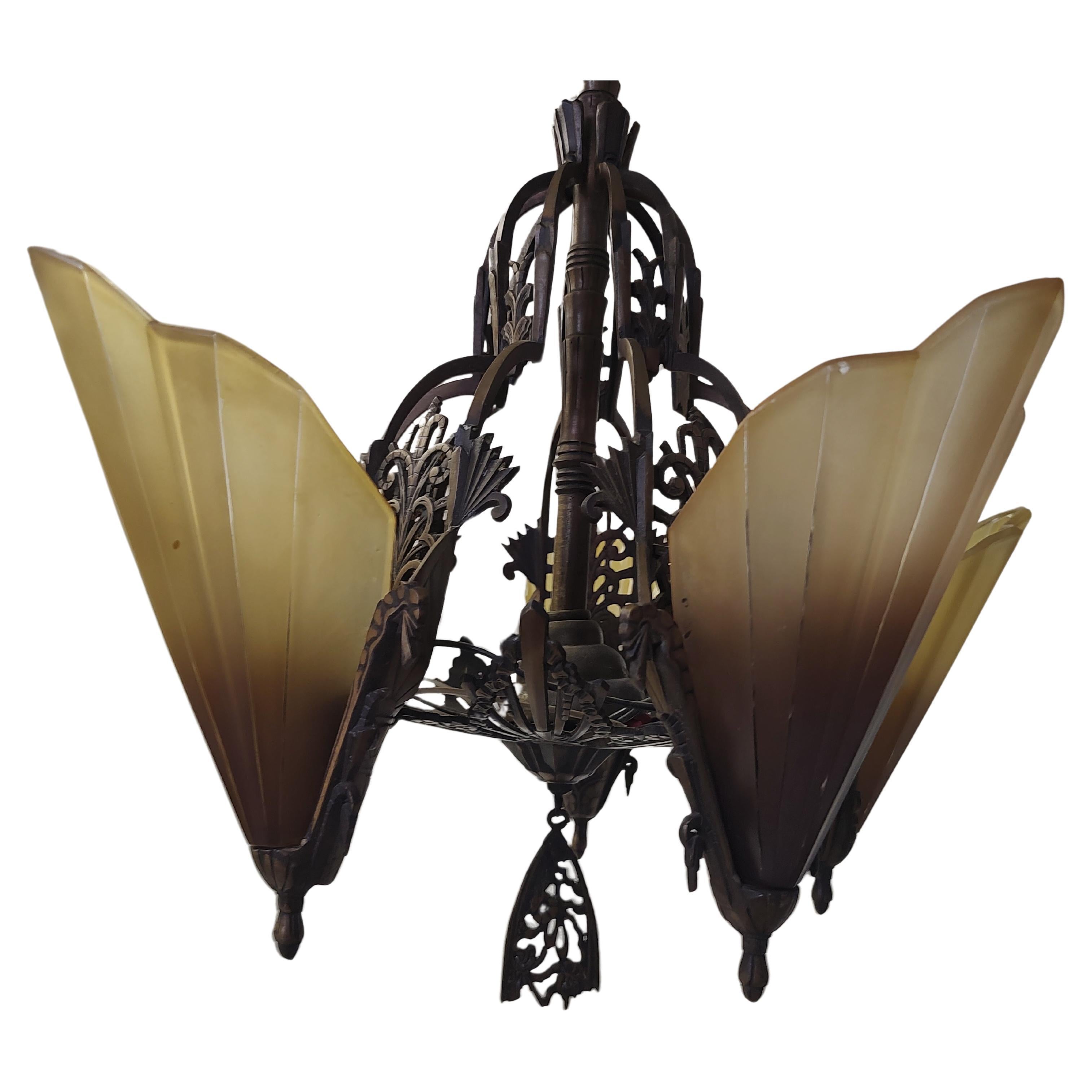 Art Deco Bronzed Iron 5 Light Slip Shade Hanging Chandelier For Sale