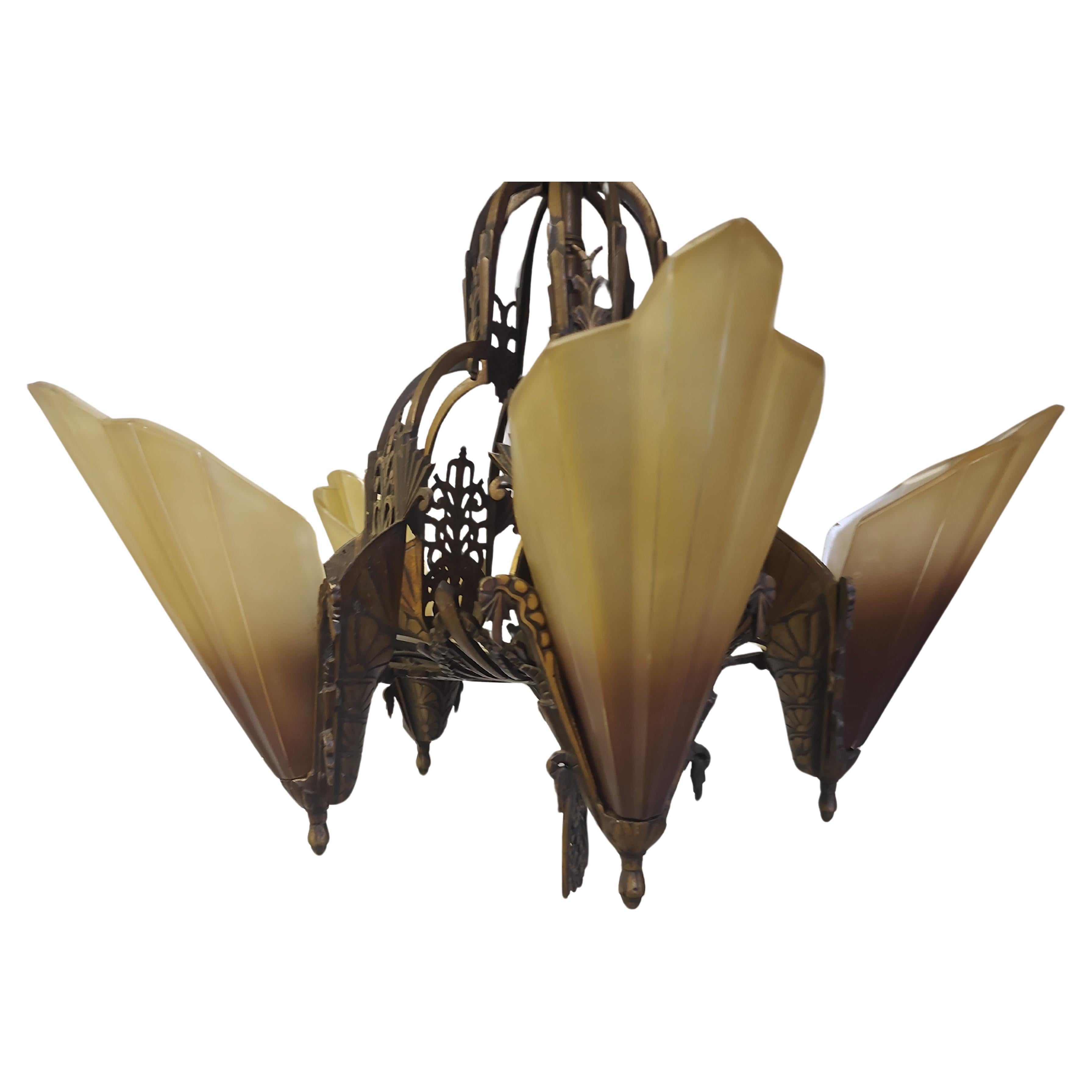 Art Deco Bronzed Iron 5 Light Slip Shade Hanging Chandelier In Good Condition For Sale In Port Jervis, NY