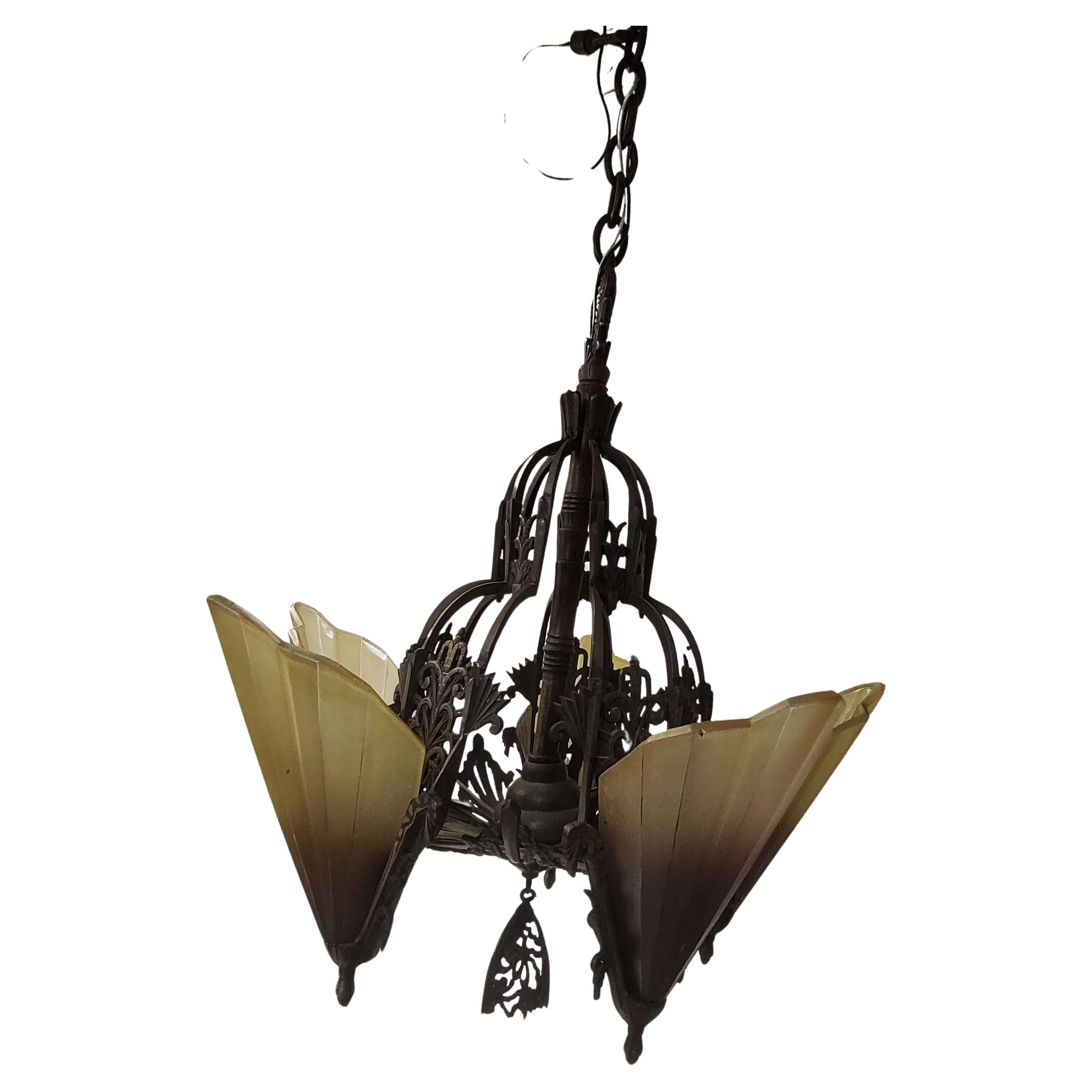 Polished Art Deco Bronzed Iron 5 Light Slip Shade Hanging Chandelier For Sale