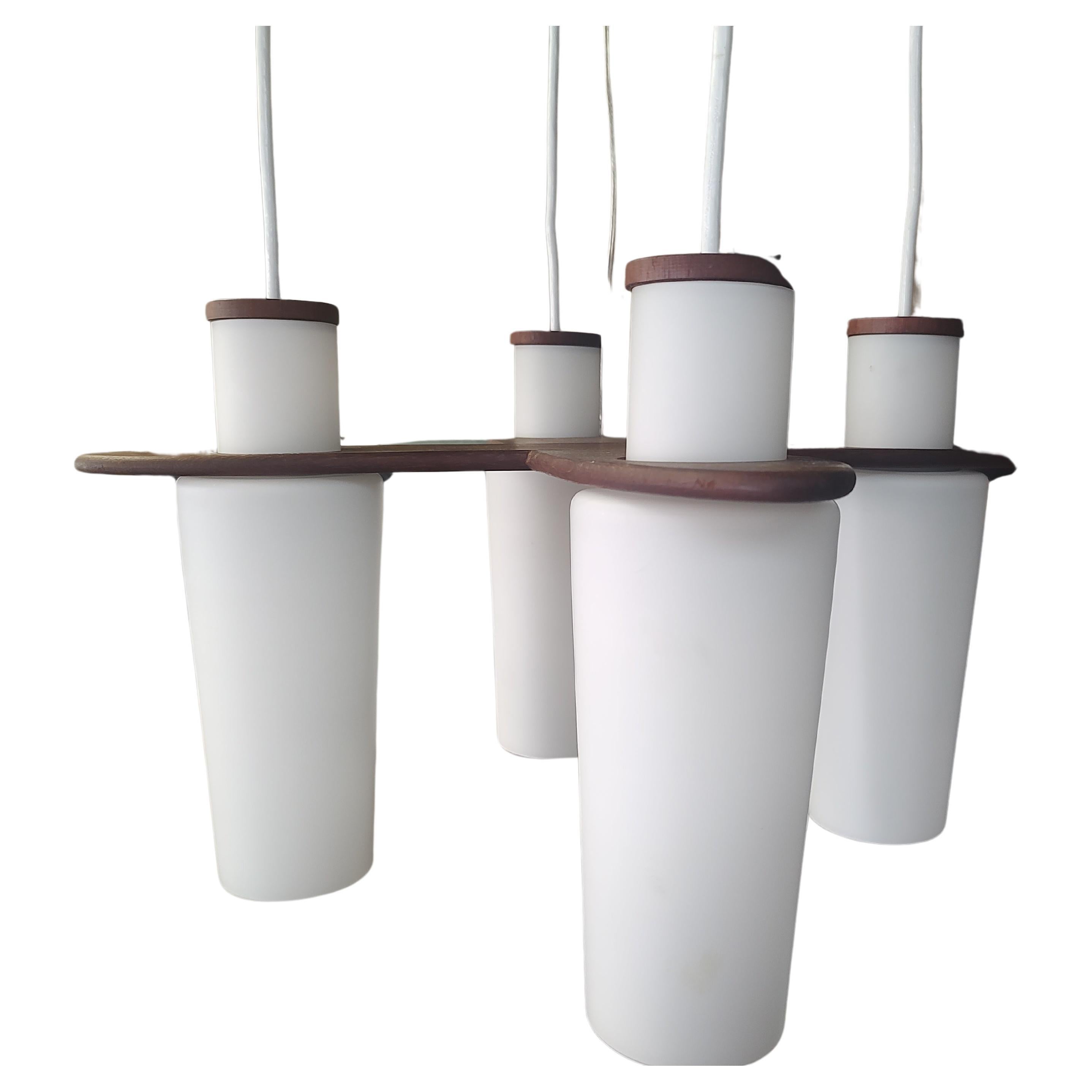 Molded Mid Century Danish 4 Light Chandelier with Milk Glass Shades For Sale