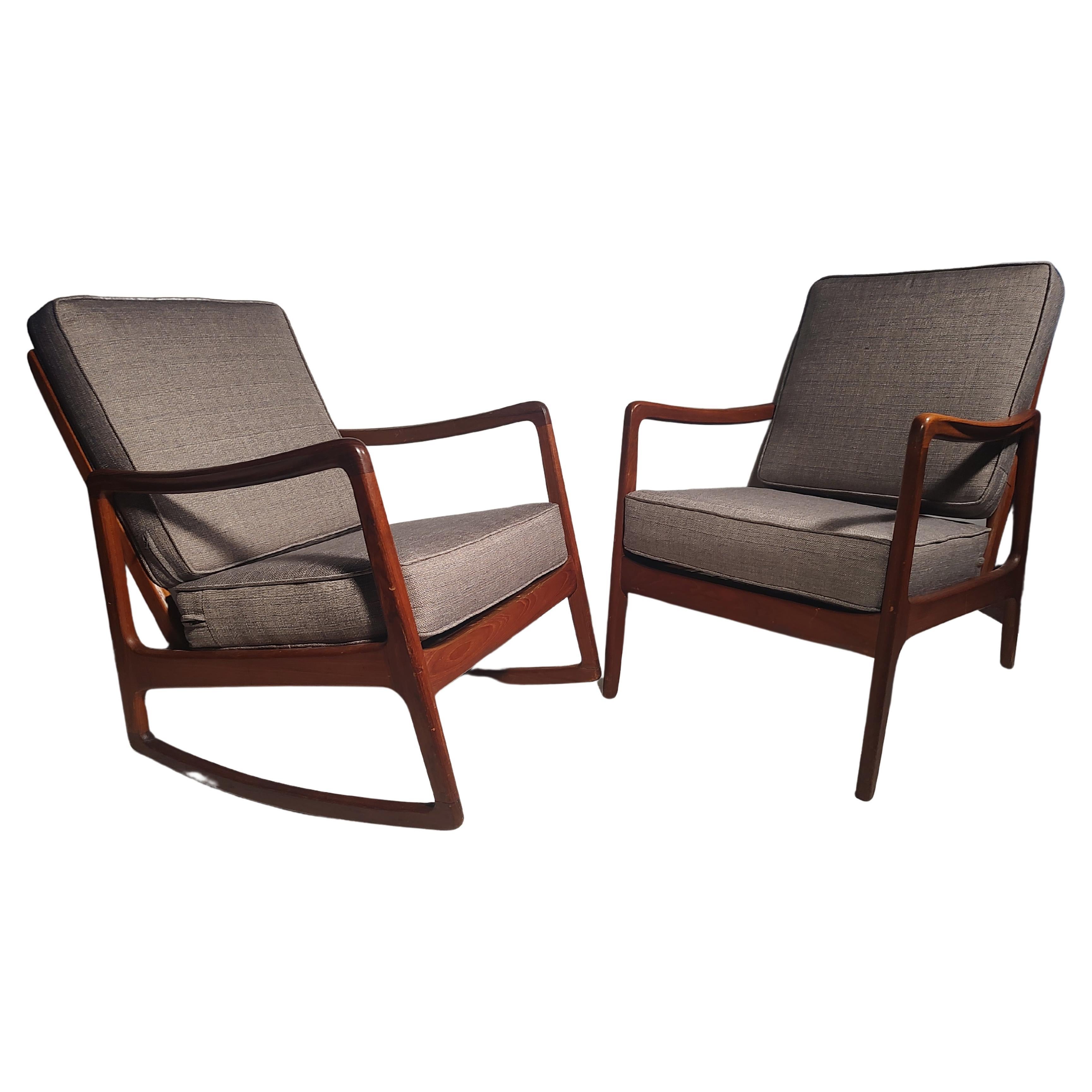 Mid Century Modern Teak Lounge Chair & Rocking Chair Set by John Stuart 