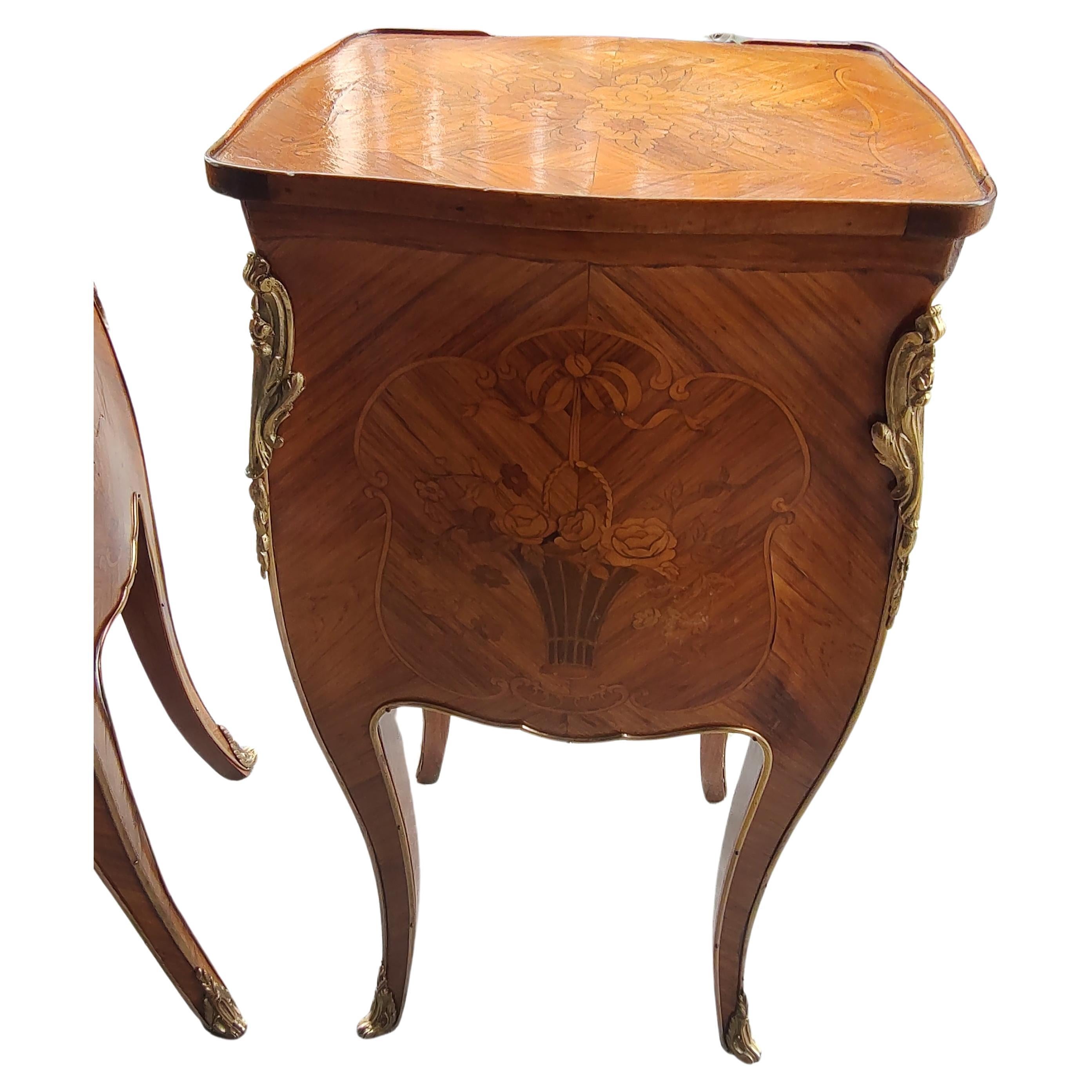 Mid-20th Century Pair of Louis XIV Night Tables with Marquetry and Bronze Mounts on all sides For Sale