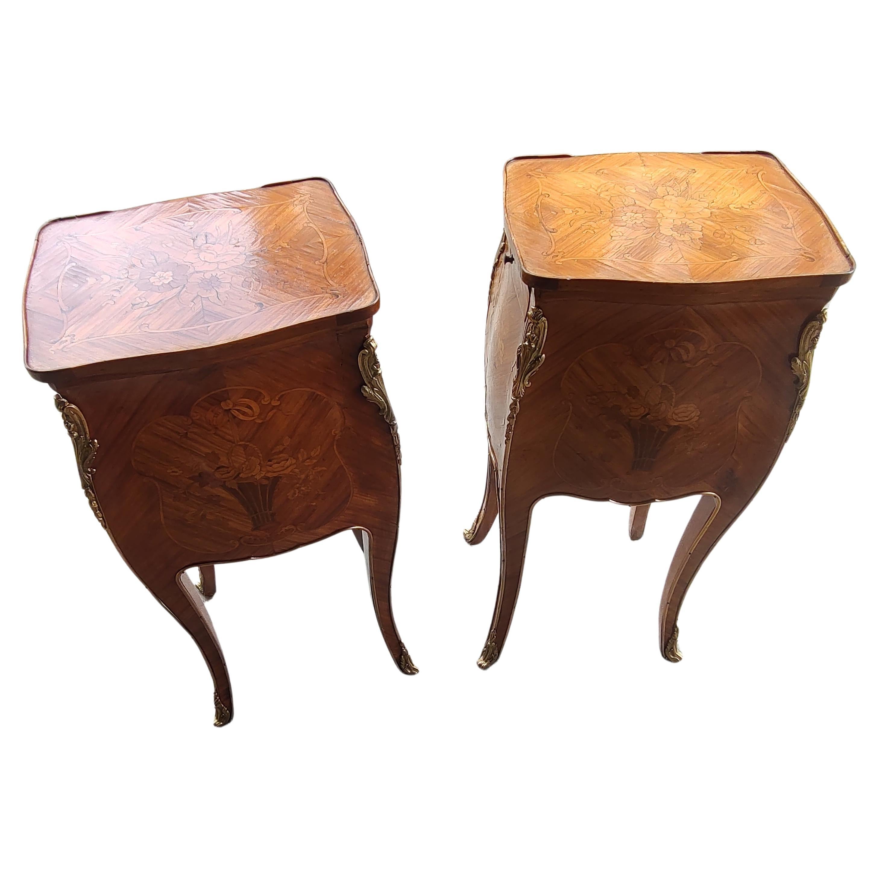 French Pair of Louis XIV Night Tables with Marquetry and Bronze Mounts on all sides For Sale