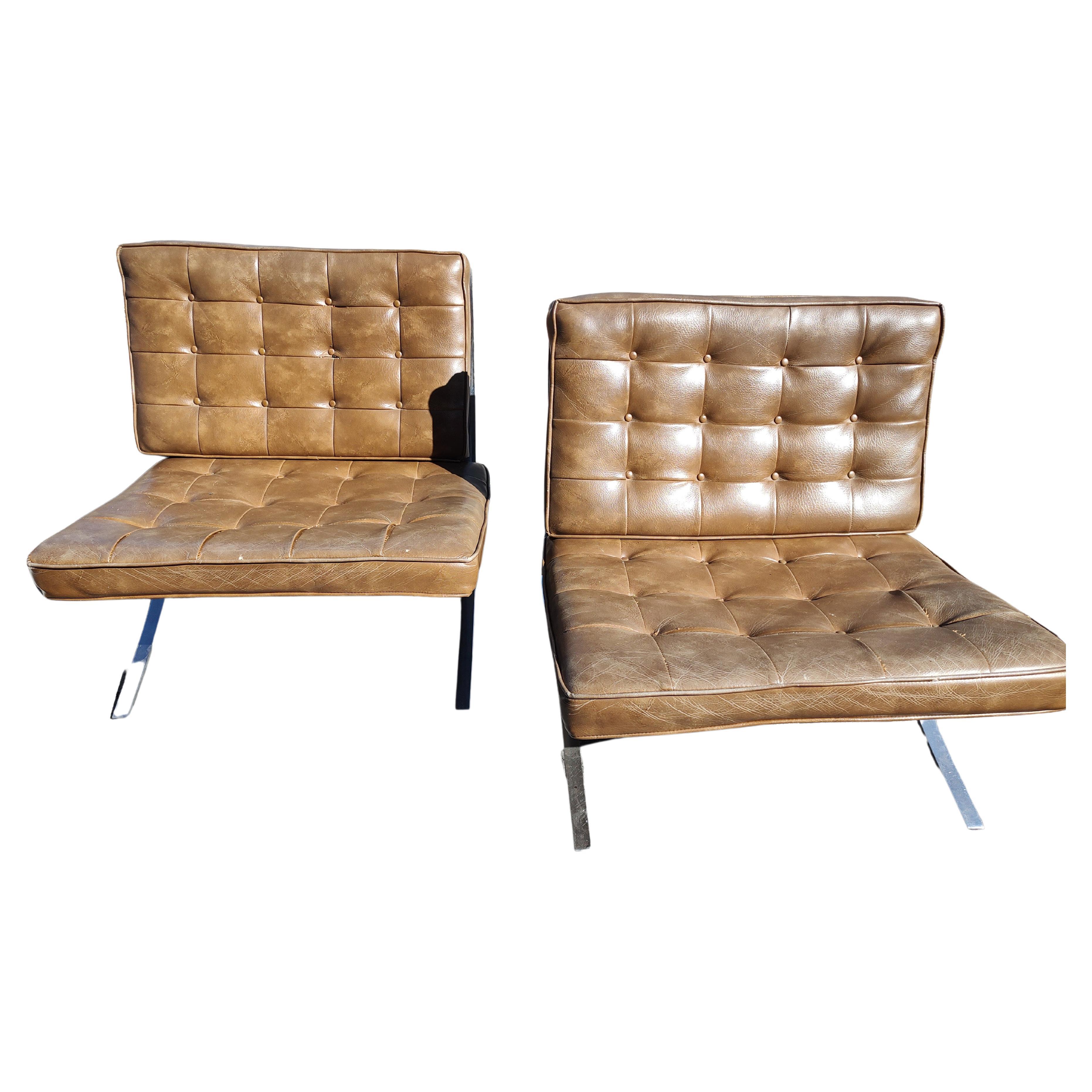 Mid-Century Modern Pair of High Quality Barcelona Lounge Chairs with Brown Naughahyde Vinyl Seats For Sale
