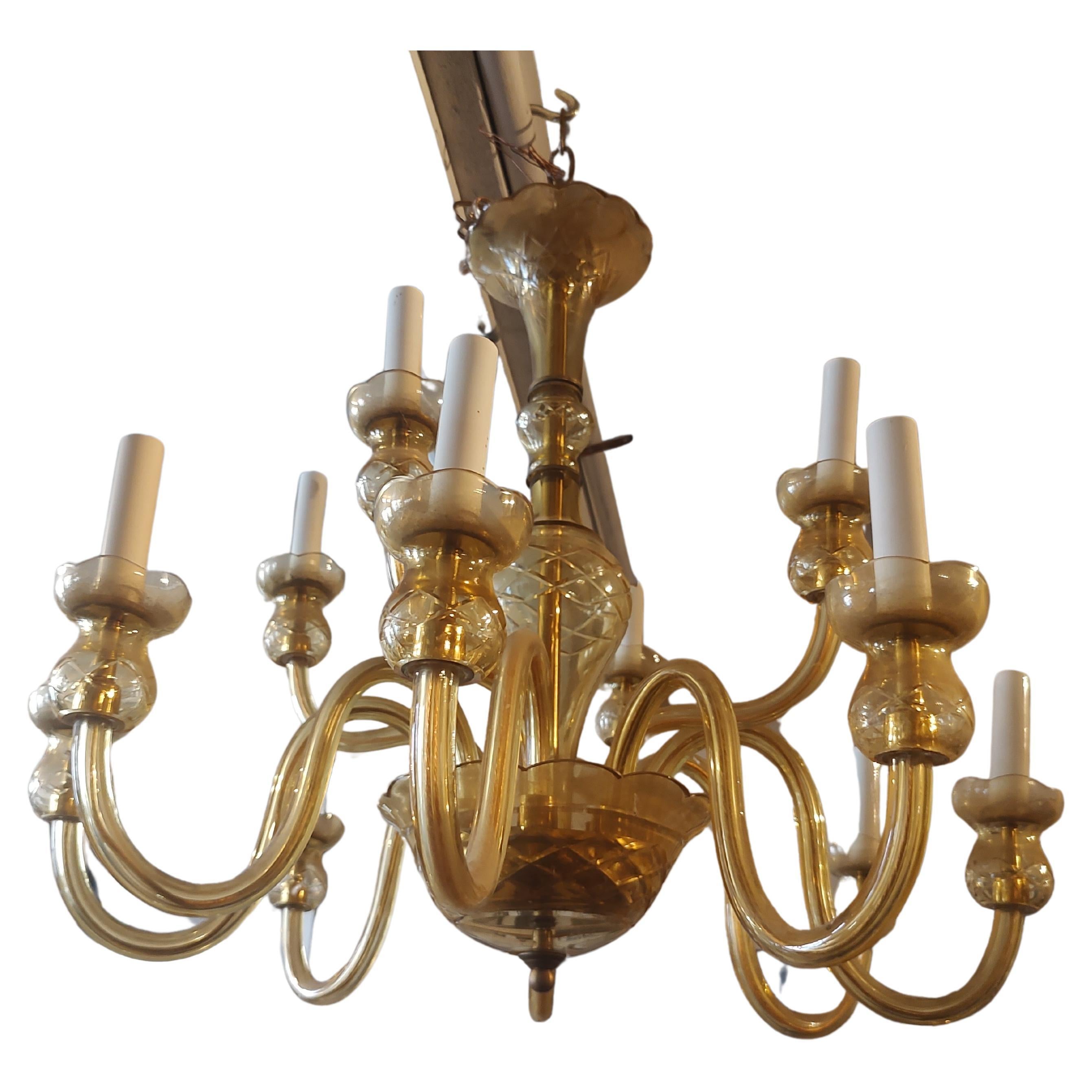 Mid Century Modern Murano Amber Glass 12 Arm Chandelier C1960 Italy For Sale