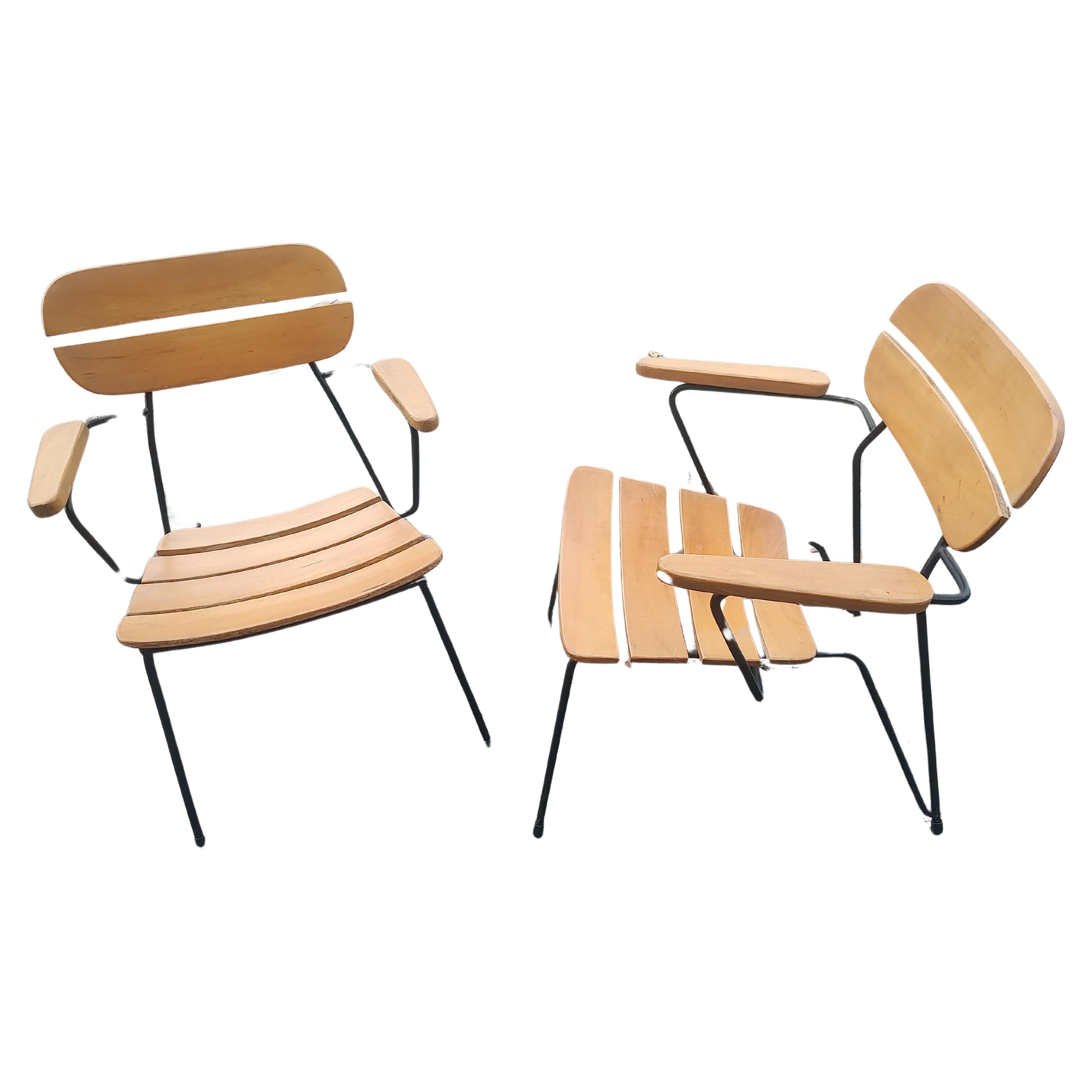 Mid Century Modern Iron & Wood Lounge Chairs by Martin Eisler & Carlo Hauner  For Sale