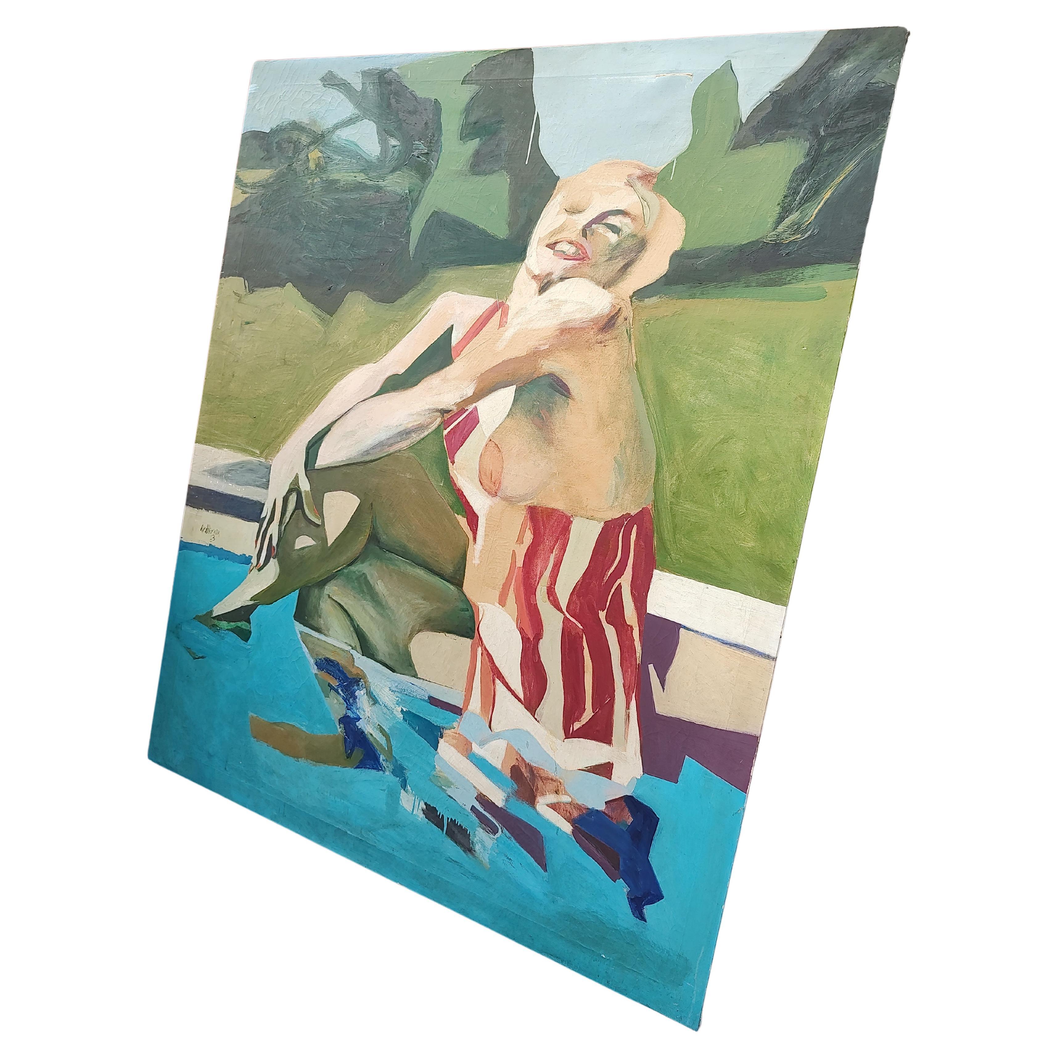 Large Mid Century Modern Painting of a Marilynesque Figure by the Pool 1963 For Sale