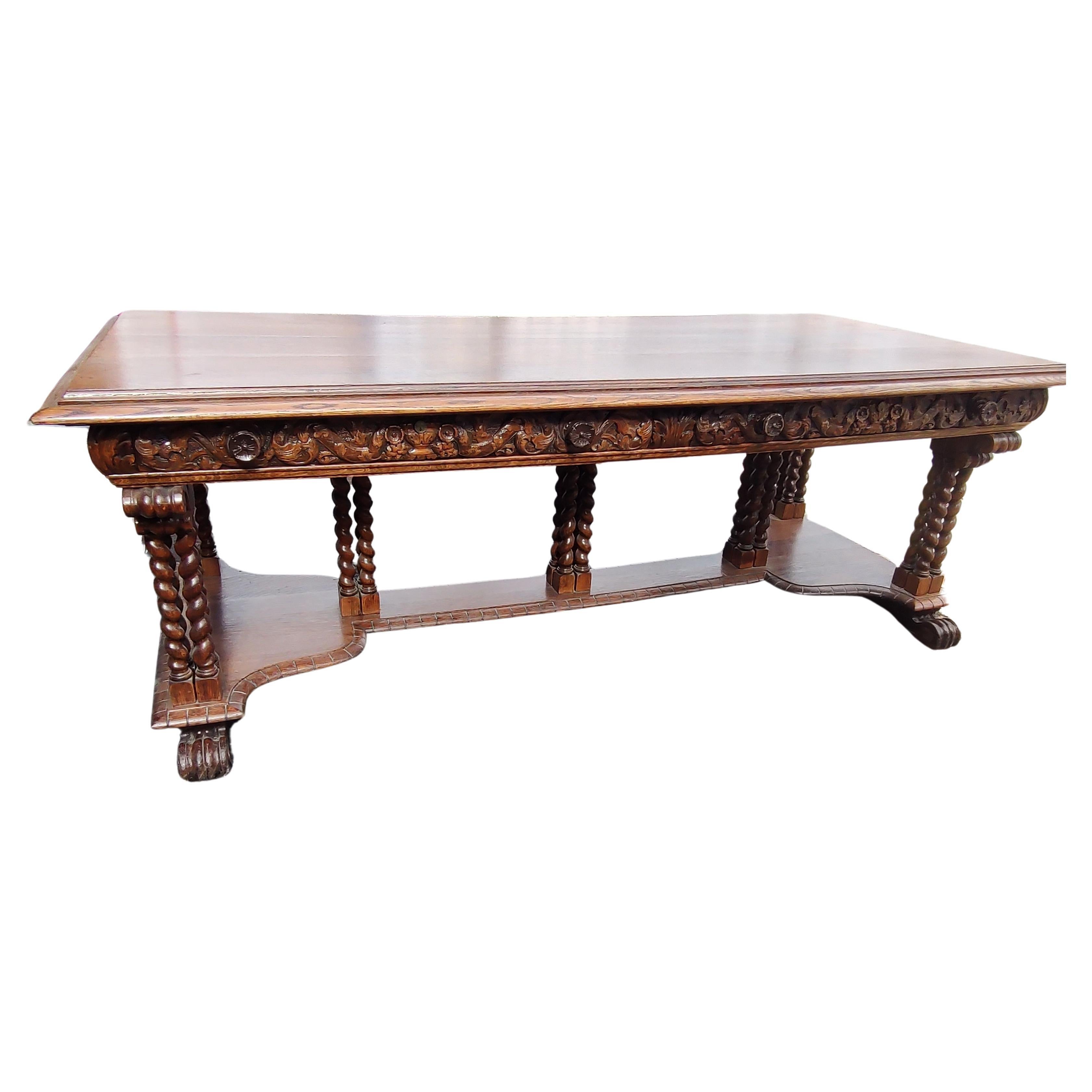 Fin du XIXe siècle Grande table de conférence en chêne français du XIXe siècle pour bibliothèque Bureau des partenaires en vente