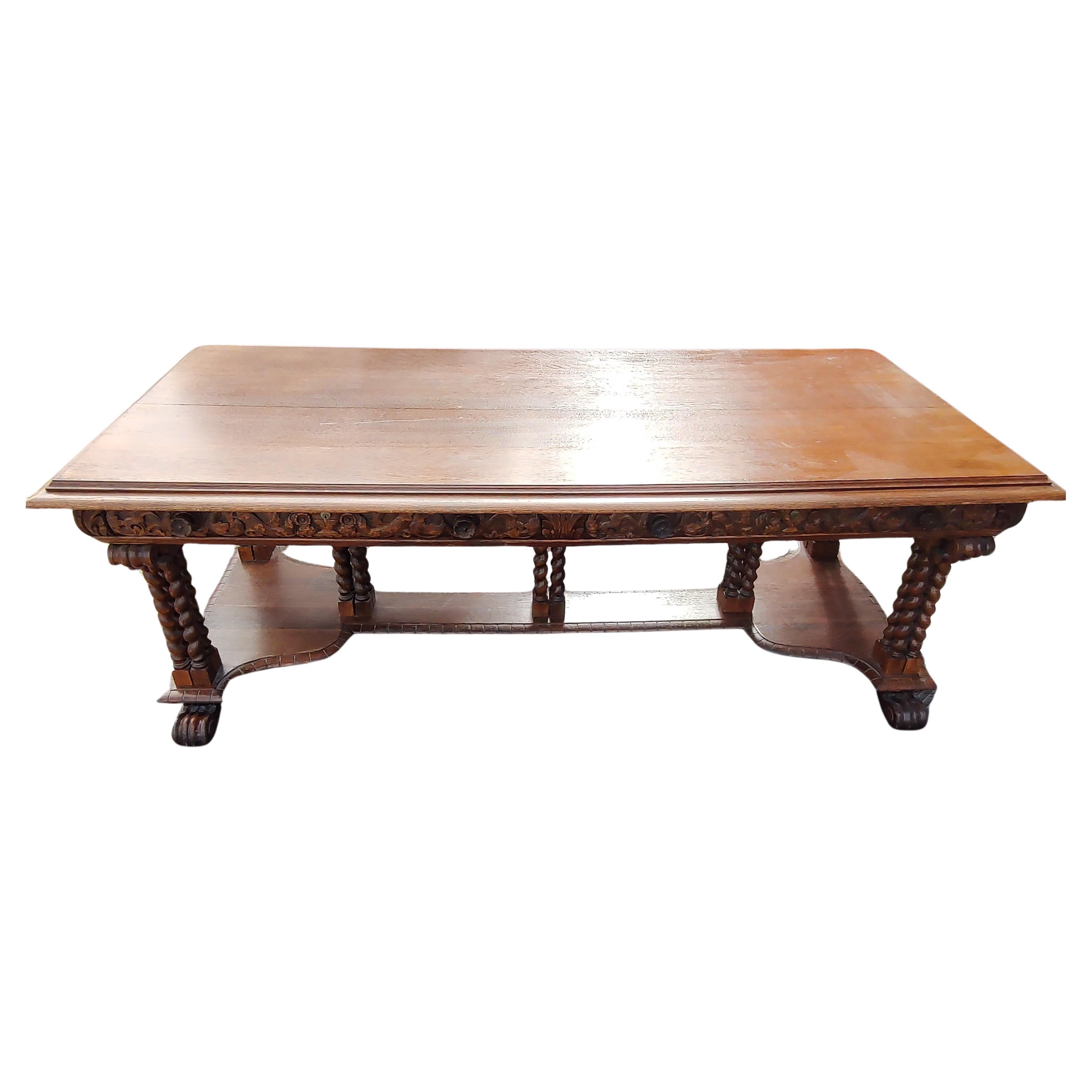 Néo-baroque Grande table de conférence en chêne français du XIXe siècle pour bibliothèque Bureau des partenaires en vente