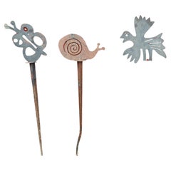 Retro Mid Century Modern Set 3 Iron Garden Sculptures a Bird a Butterfly and a Snail