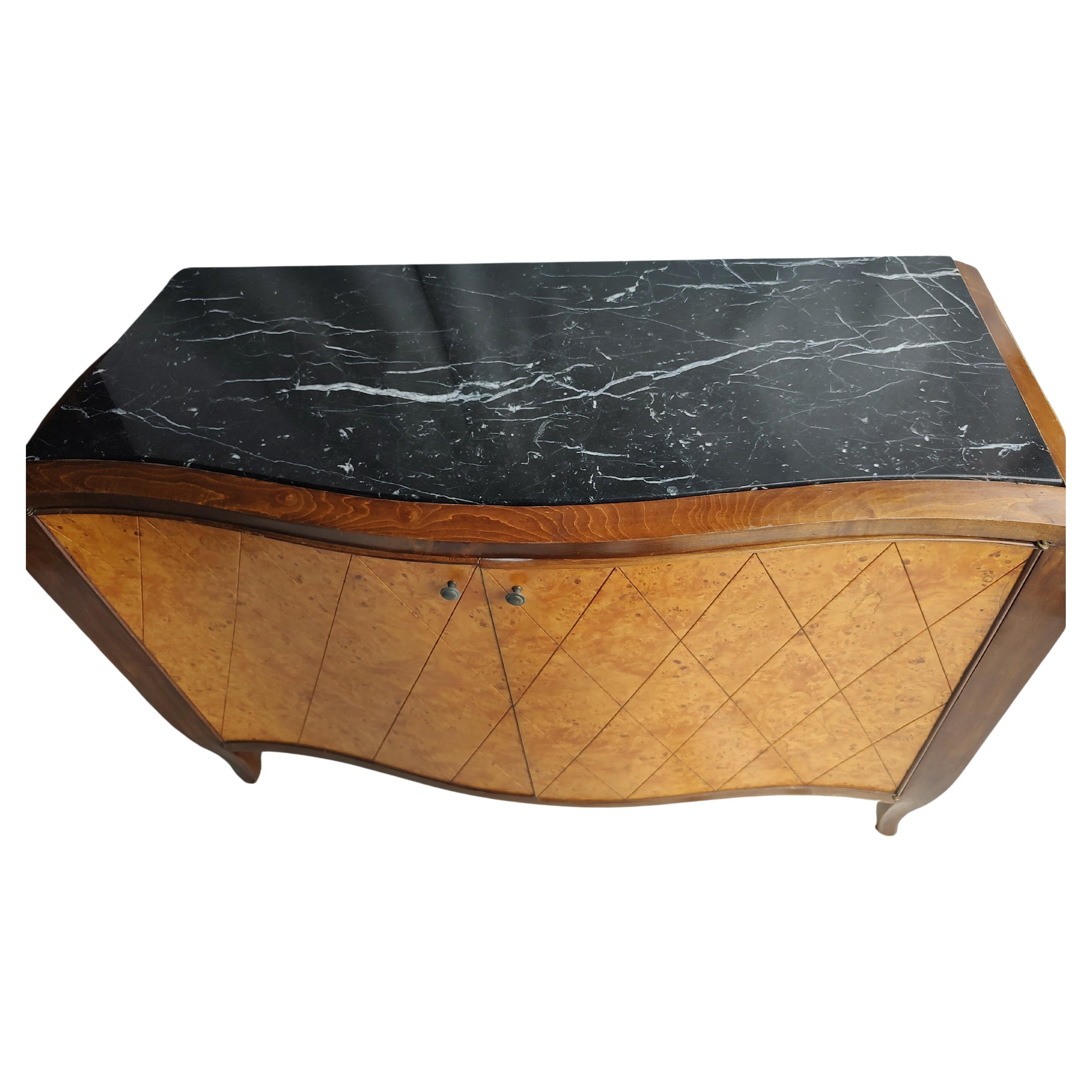 Italian Mid Century Serpentine Burled Olive Wood Marble Top Bloomingdales Made in Italy For Sale