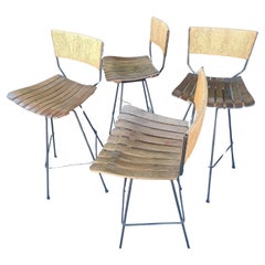 Mid Century Modern Bar & Counter Stools w Raffia & Maple & Iron - Arthur Umanoff