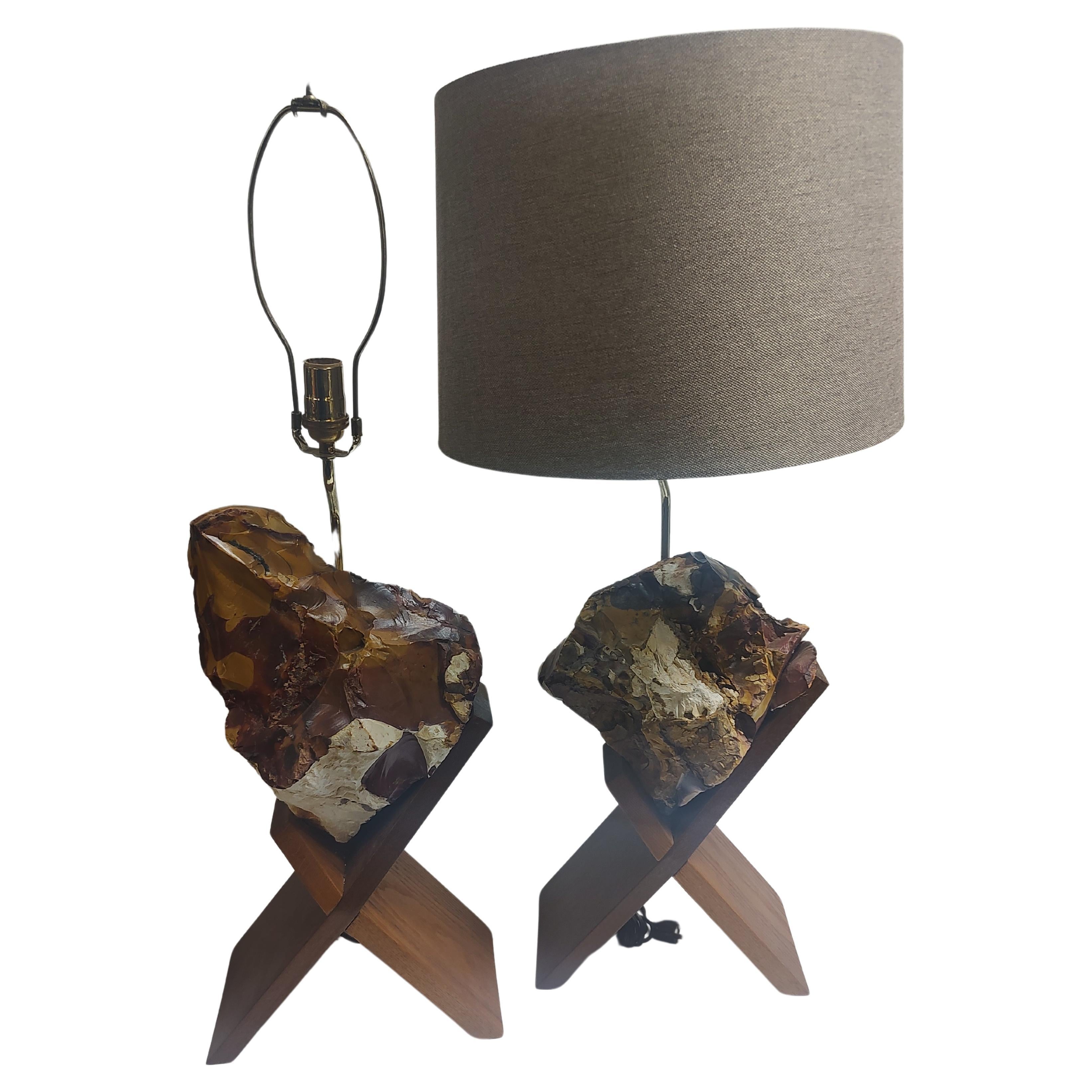 Pair of Mid Century Modern Sculptural Raw Onyx & Teak Table Lamps For Sale