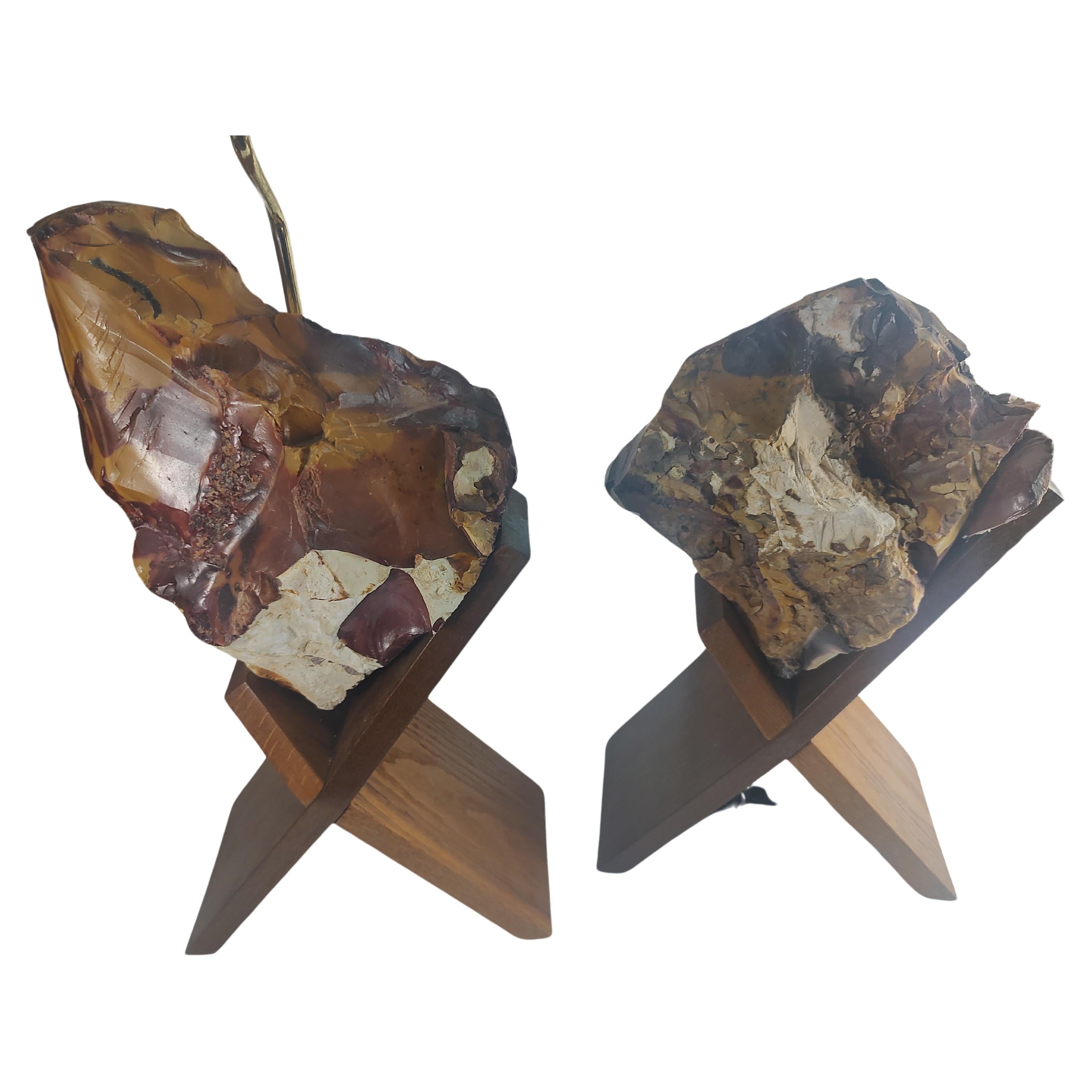 Pair of Mid Century Modern Sculptural Raw Onyx & Teak Table Lamps In Good Condition For Sale In Port Jervis, NY