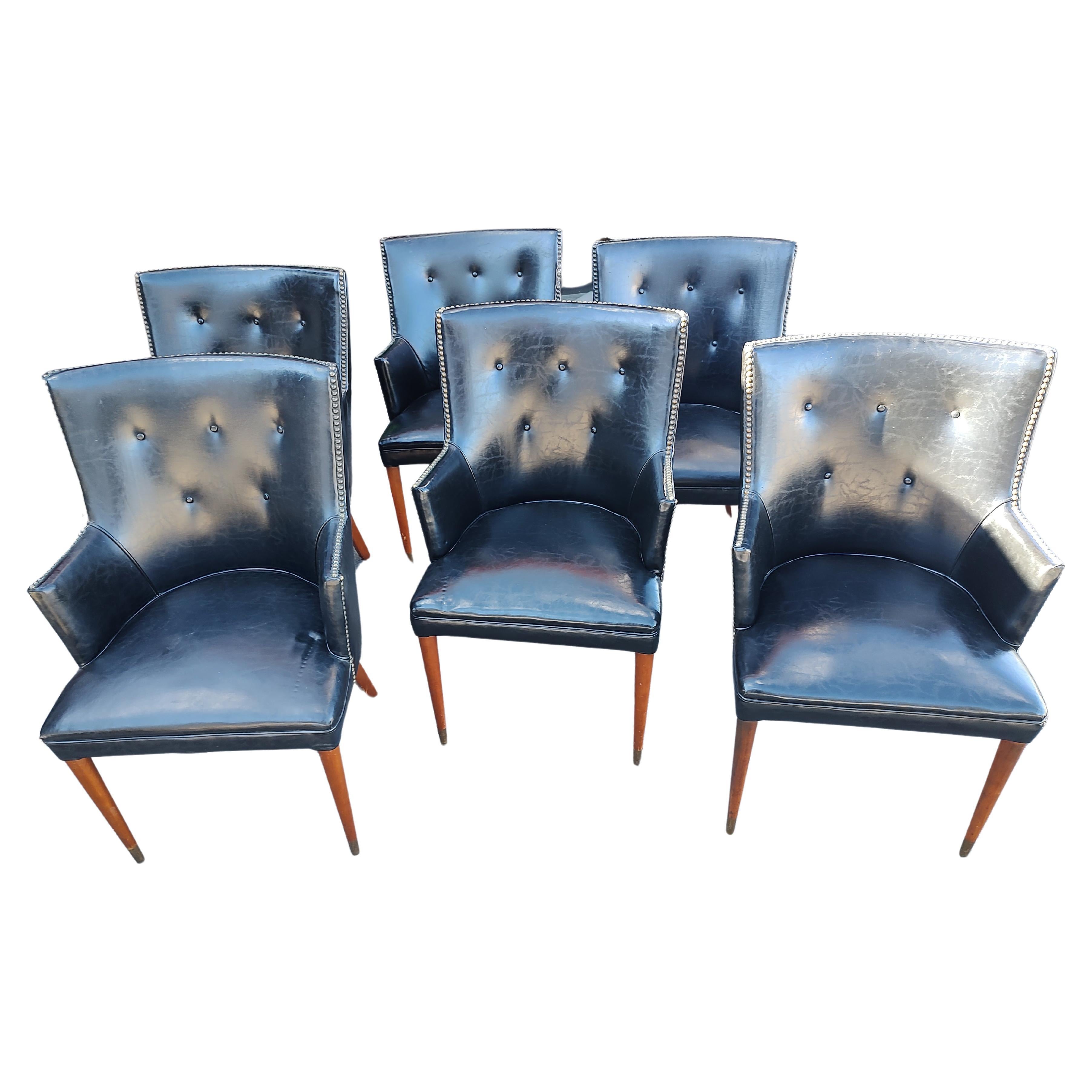 Mid Century Modern Classic Faux Black Leather Set of 6 Dining Chairs C1960 For Sale 4