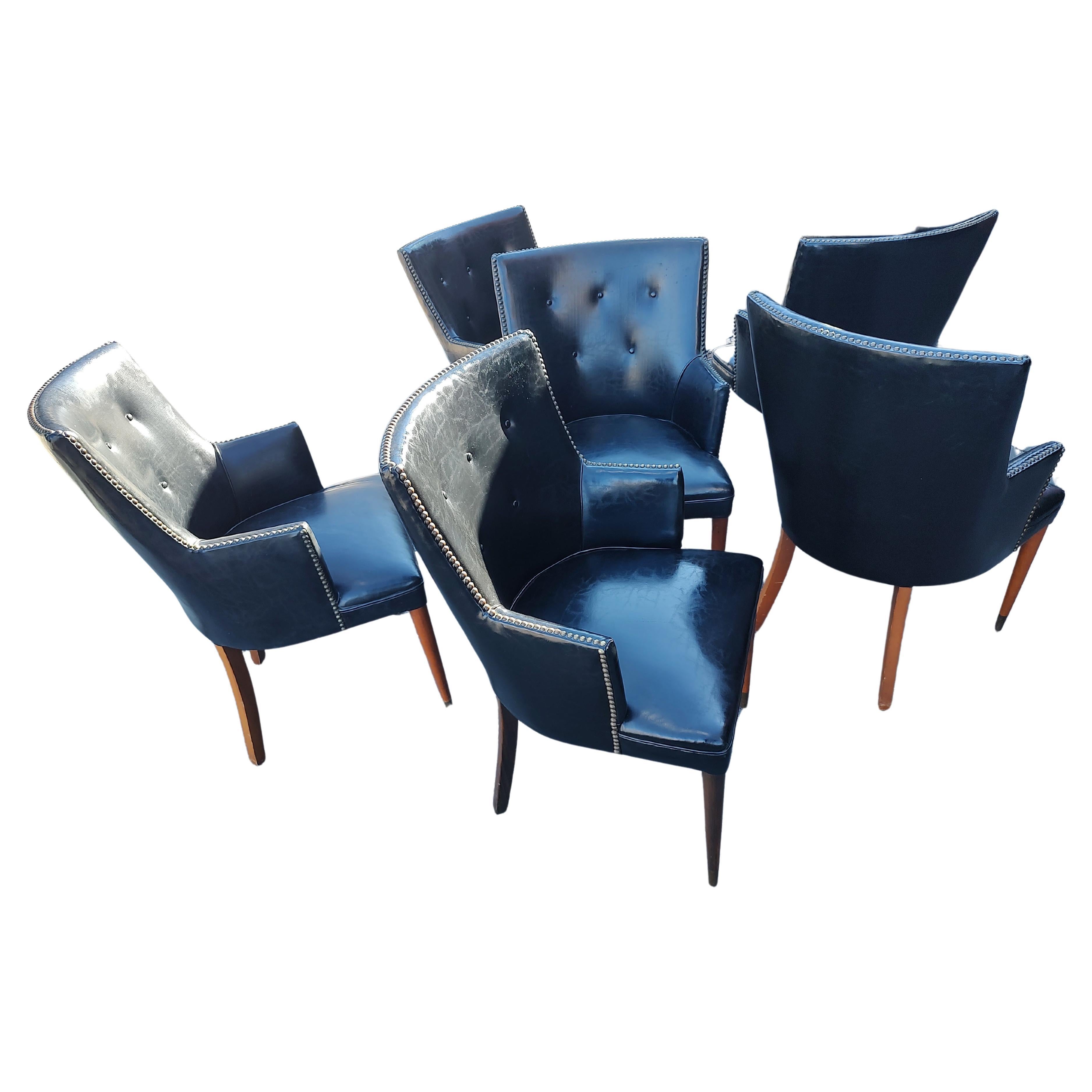 Mid Century Modern Classic Schwarzes Kunstleder 6er Set Esszimmerstühle C1960 im Angebot