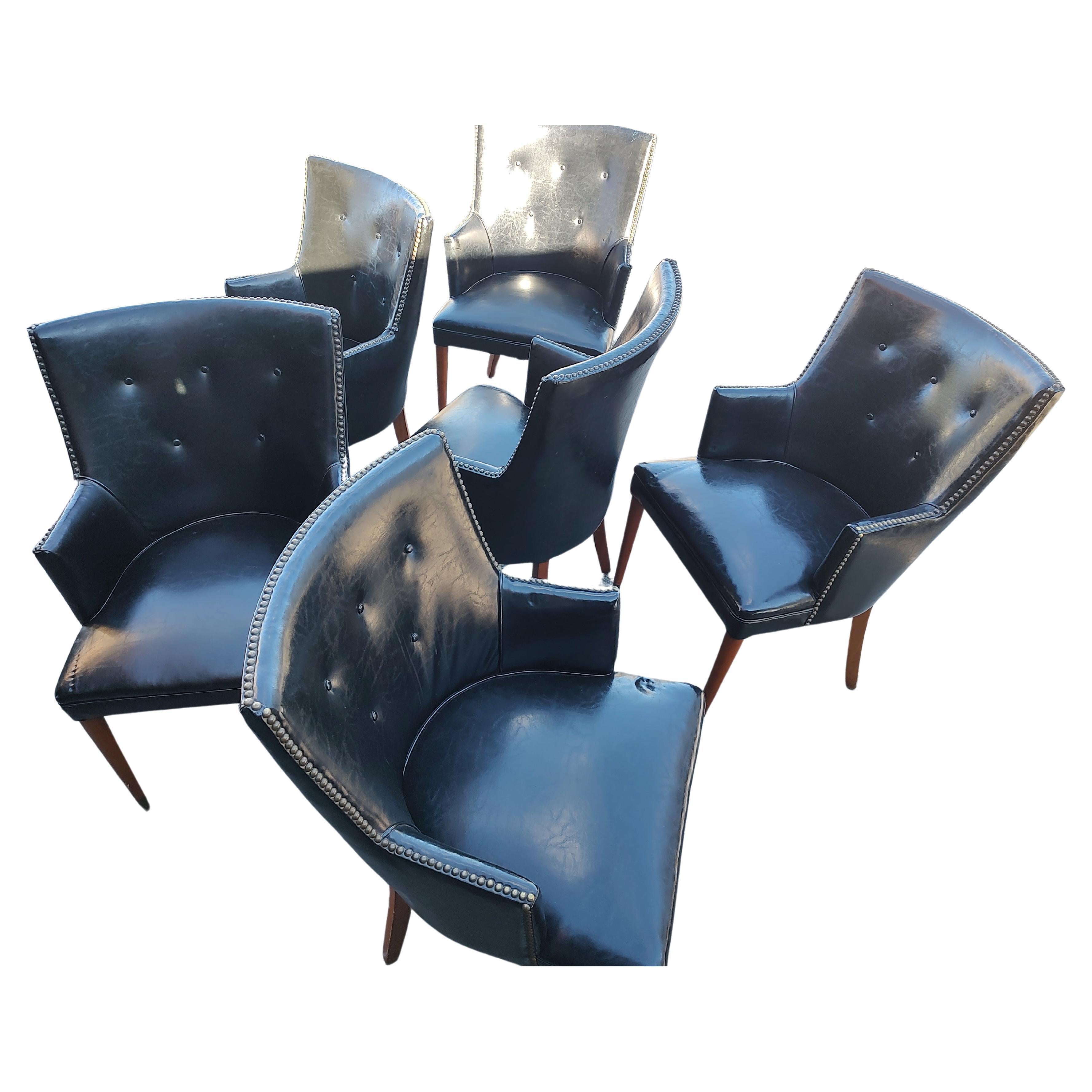 Mid-20th Century Mid Century Modern Classic Faux Black Leather Set of 6 Dining Chairs C1960 For Sale