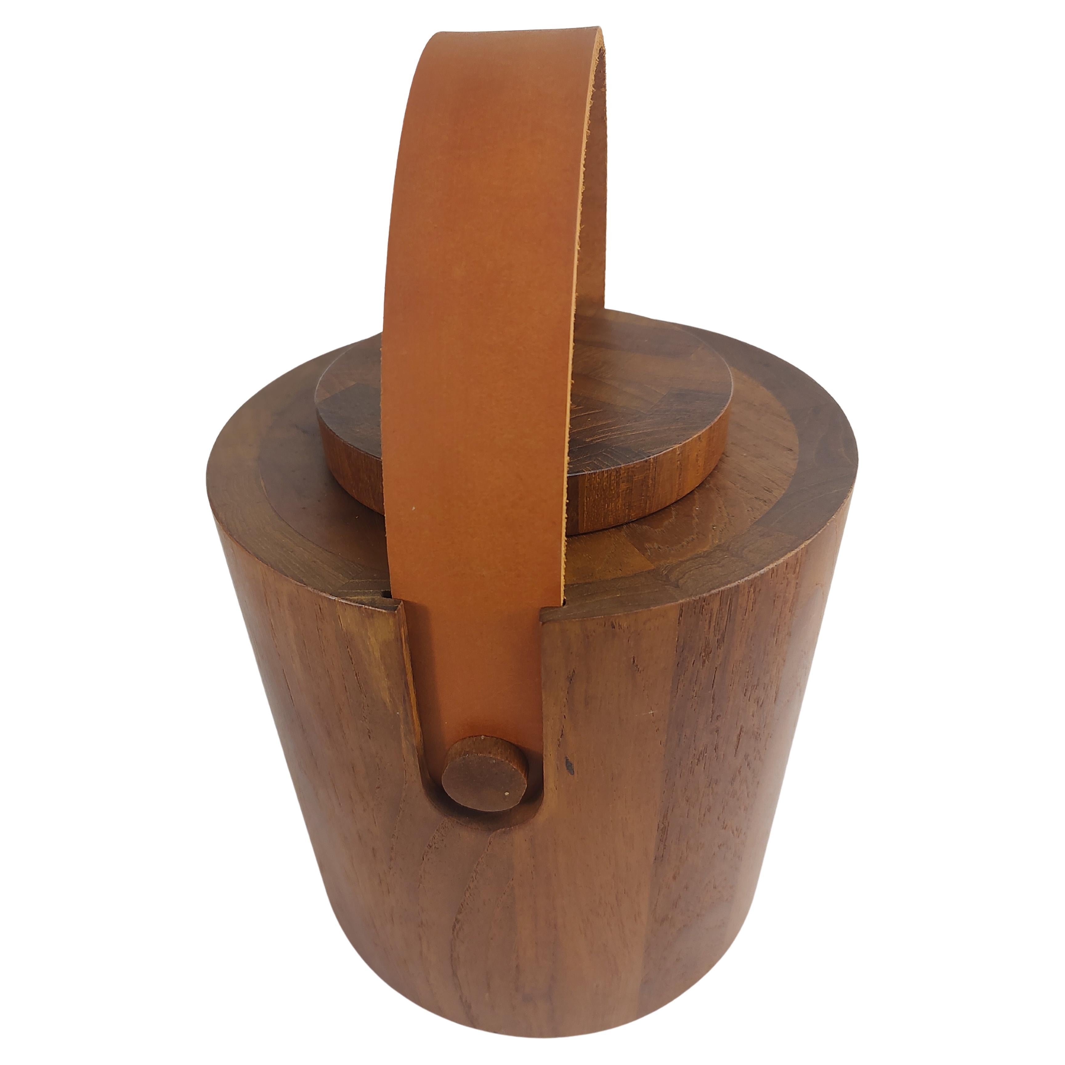 Mid Century Modern Teak Ice Bucket with a Leather Strap by Nessen C1960 Denmark 