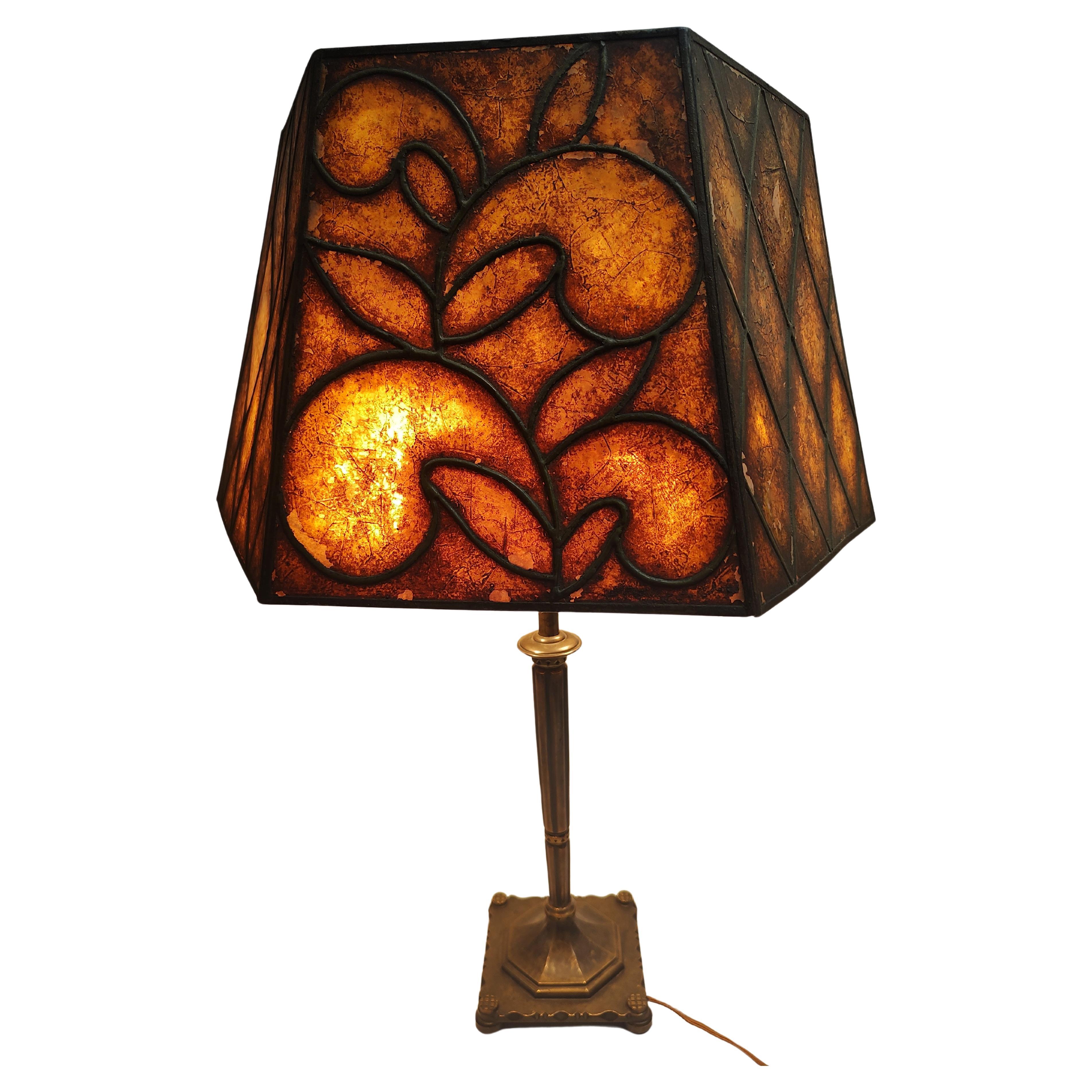 Art Deco Bronze Table Lamp with a Stylized Mica Shade by Oscar Bach