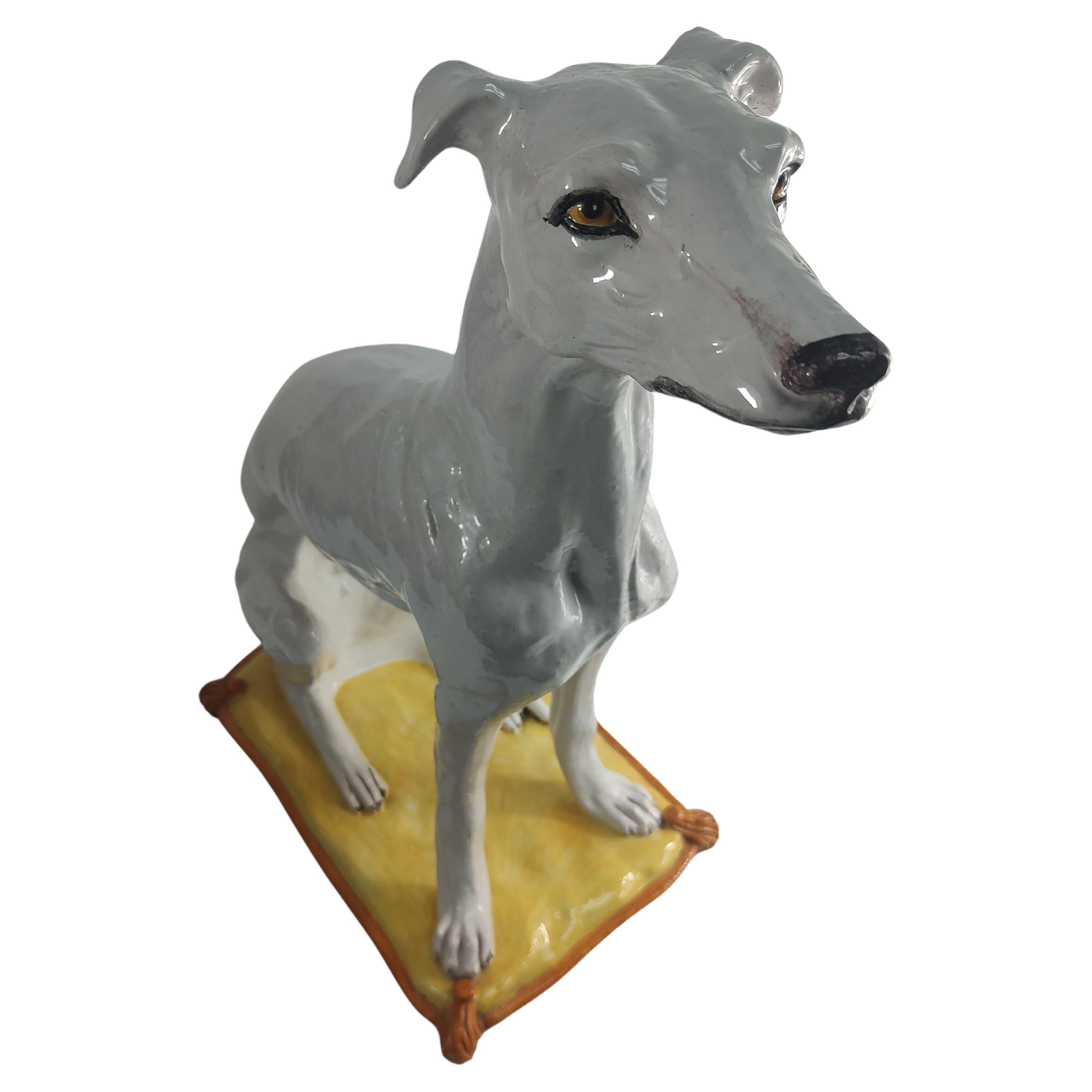 Mid Century Modern Life Size Porcelain Sculpture of a Seated Whippet Dog Italy For Sale
