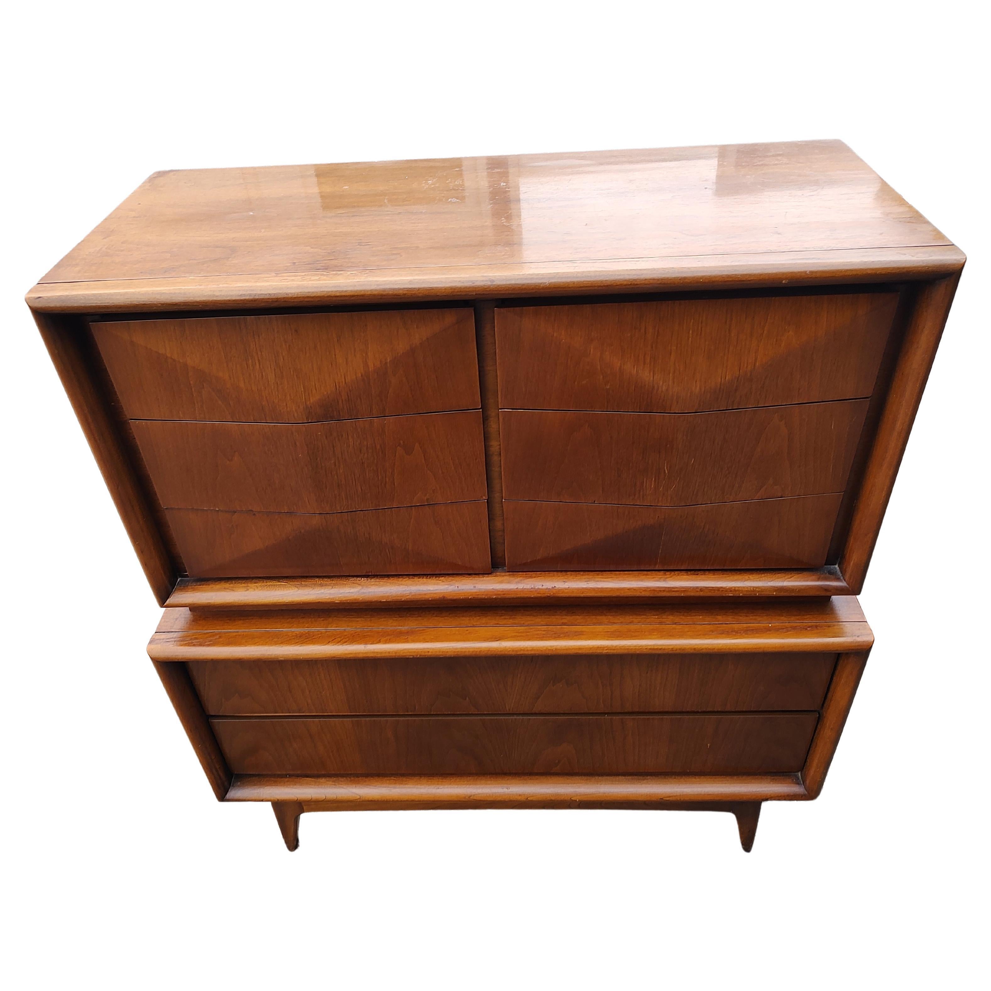 Hand-Crafted Mid Century Modern Diamond Faced Walnut Highboy Dresser by United Furniture  For Sale