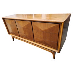 Mid Century Modern Diamond Faced Walnut Triple Dresser with Full Length Mirror